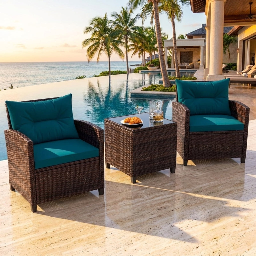Biotree 3 Pieces Rattan Patio Furniture Set with Washable Cushion Outdoor Conversation Set for Garden Backyard PorchPeacock Blue
