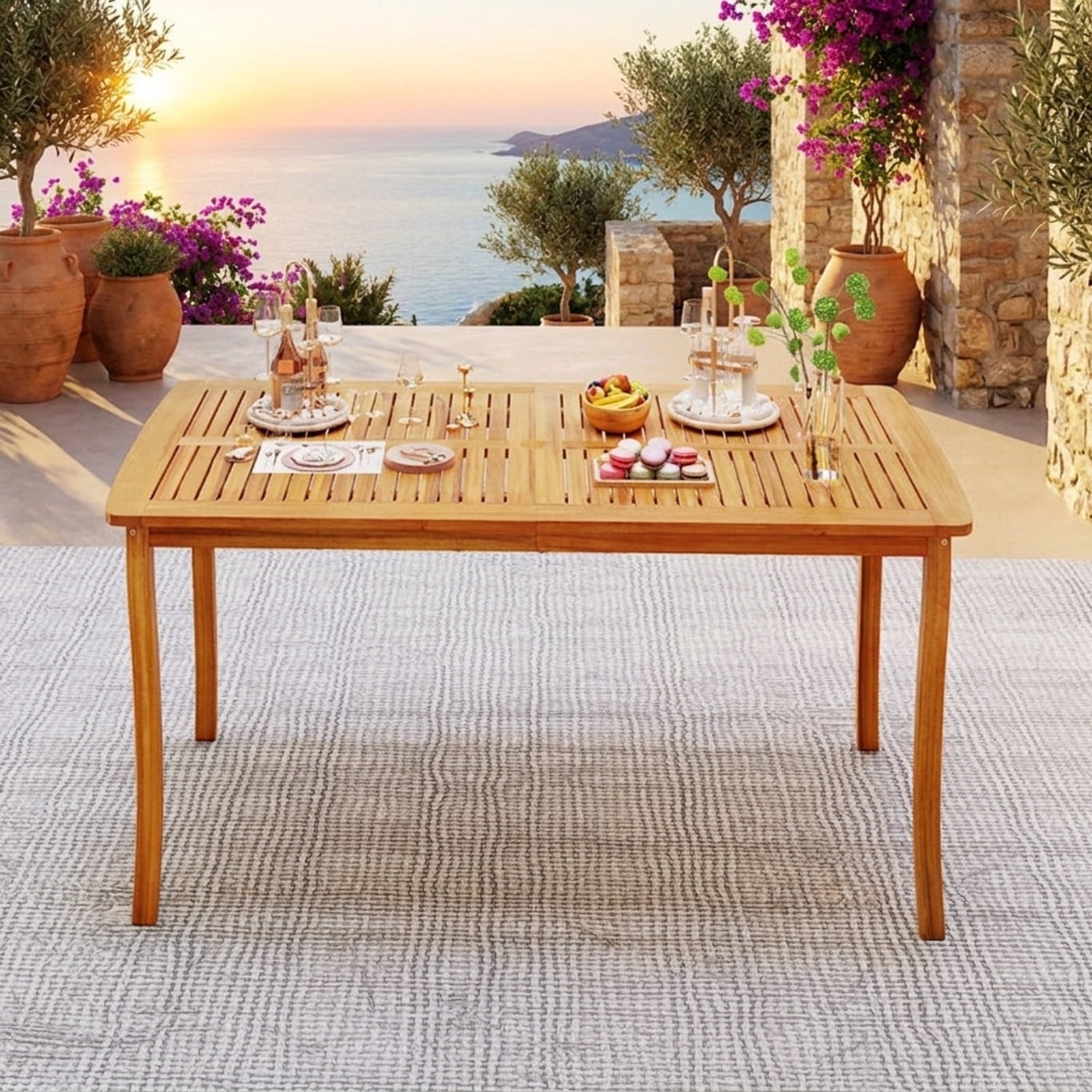 Biotree 63 inch Outdoor Dining Table with Umbrella Hole Farmhouse Bistro Dinette Furniture, Natural