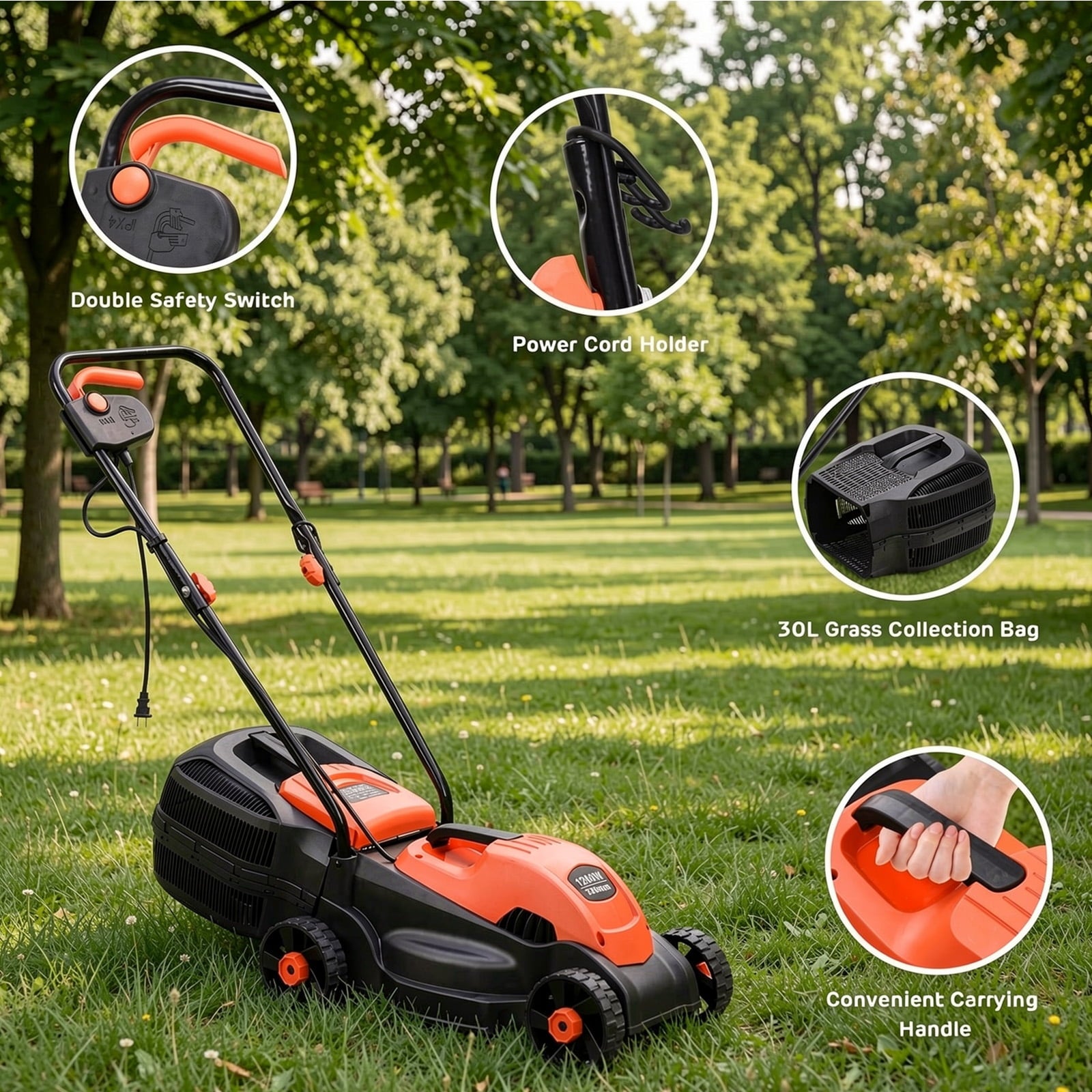Biotree 13 Inch Electric Push Lawn Corded Mower with Grass Bag-Red Eco-Friendly Yard Lawn Care Garden