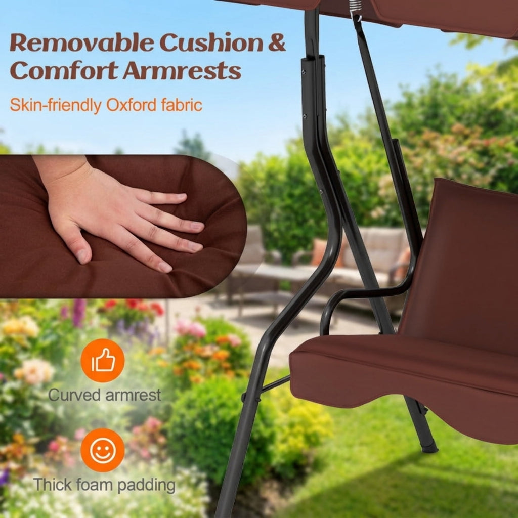 Biotree 3 Seat Outdoor Patio Canopy Swing with Cushioned Steel Frame for Patio Porch Garden Backyard Outdoor, Brown