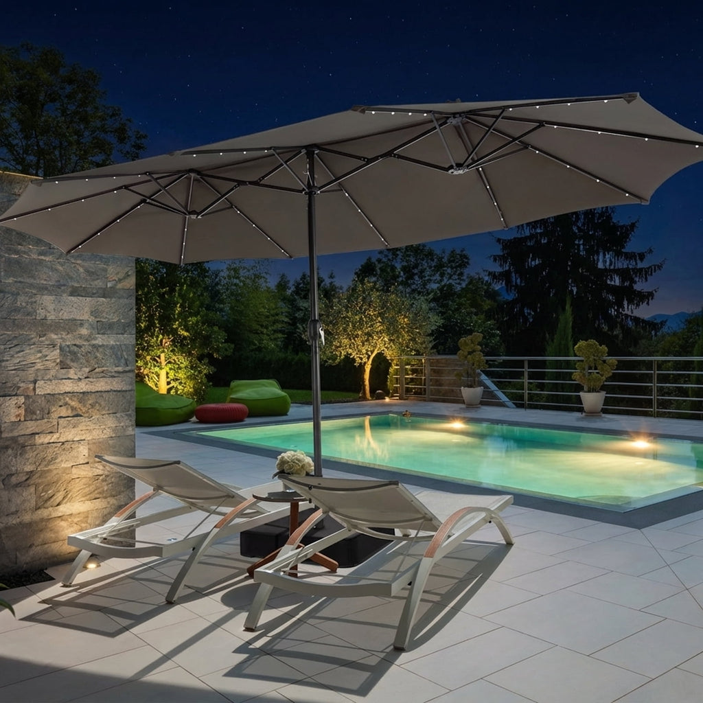 Biotree 15 Feet Double-Sided Patio Umbrella with 48 LED Lights-Brown Outdoor Backyard Deck Garden Pool
