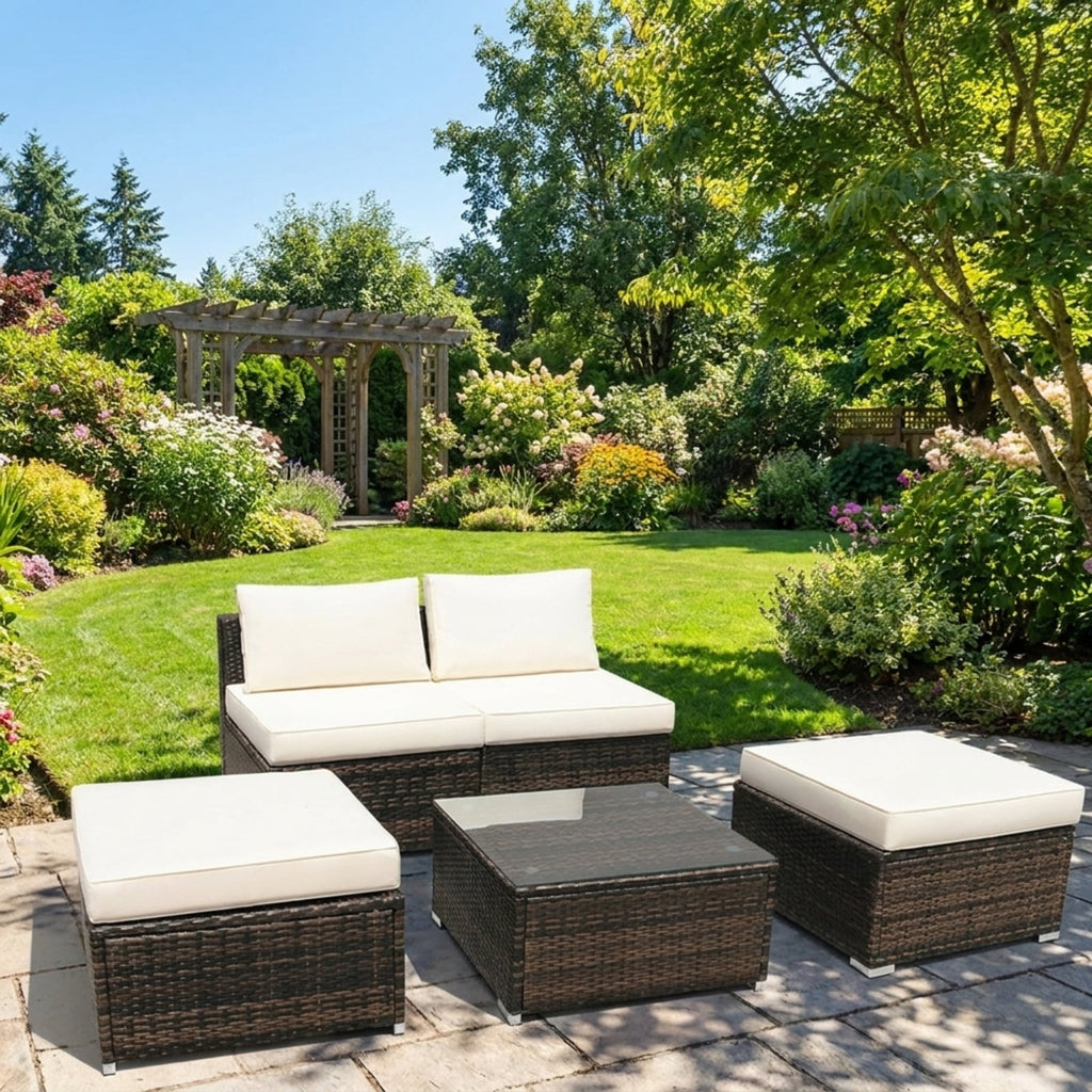 Biotree 5 Pieces Patio Rattan Furniture Set with Cushioned Armless Sofa Outdoor Conversation Set for Garden Backyard PorchWhite