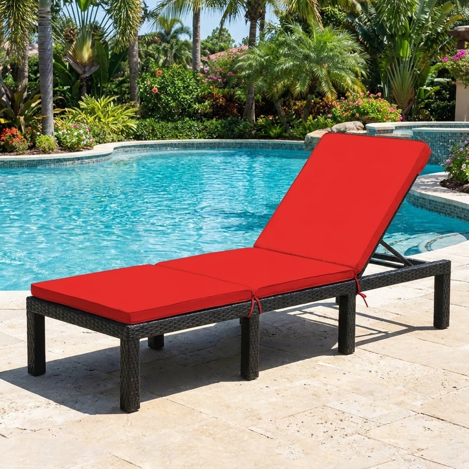 Biotree Patio Rattan Cushioned Height Adjustable Lounge Chair Stackable Patio Chair for Garden BackyardRed Off White