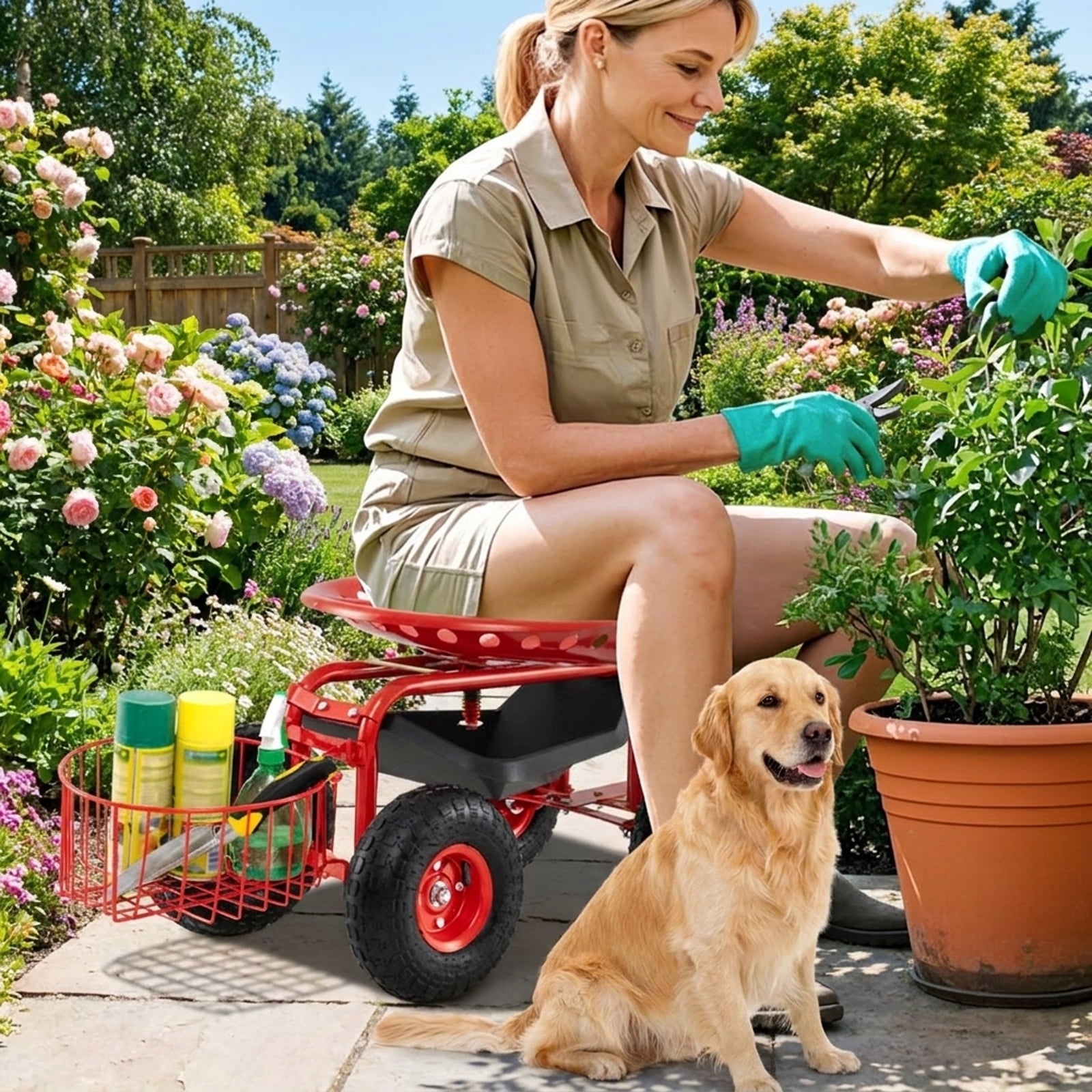 Biotree Heavy Duty Garden Cart with Tool Tray and 360 Swivel Seat for Garden Yard Lawn Work Outdoor, Red
