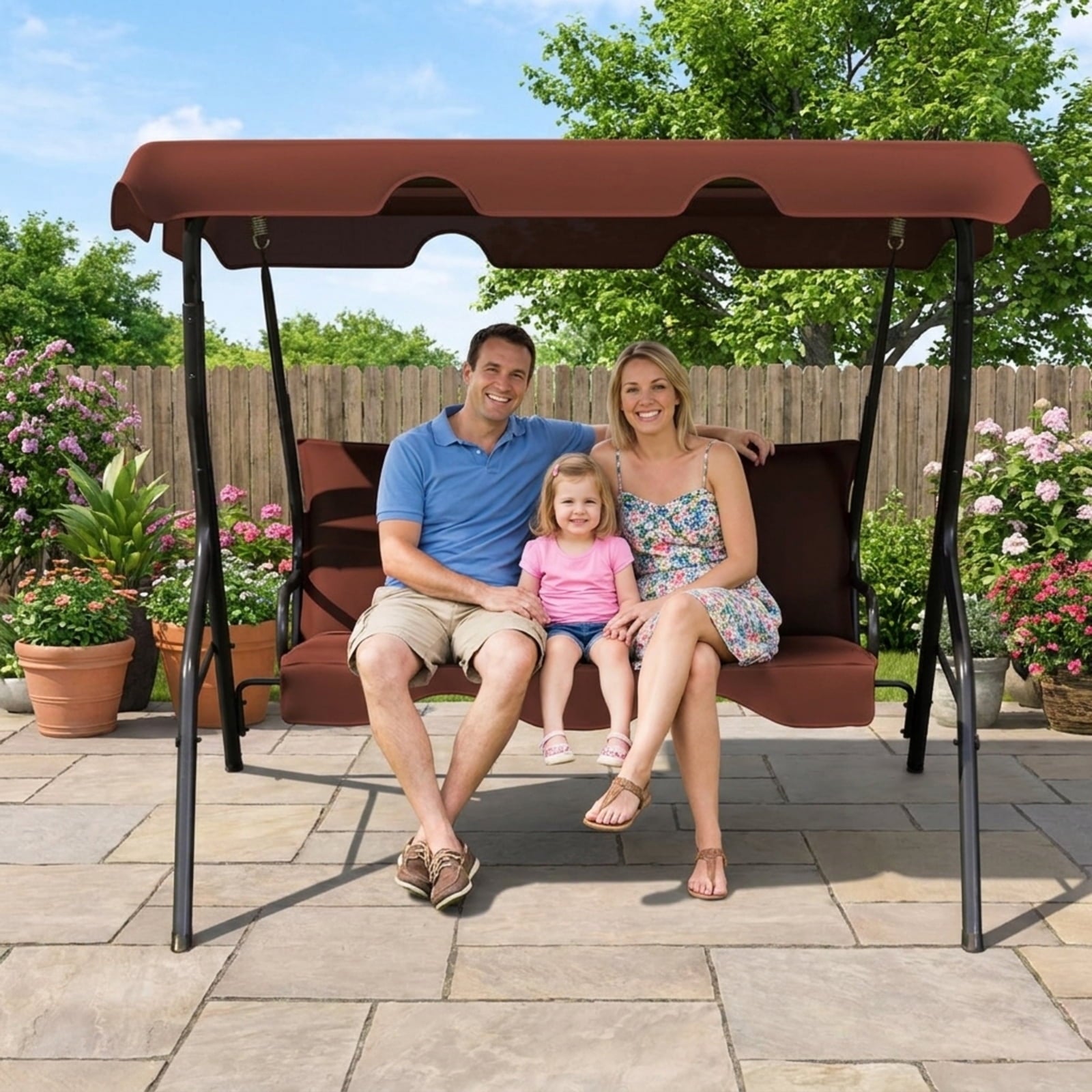 Biotree 3 Seat Outdoor Patio Canopy Swing with Cushioned Steel Frame for Patio Porch Garden Backyard Outdoor, Brown