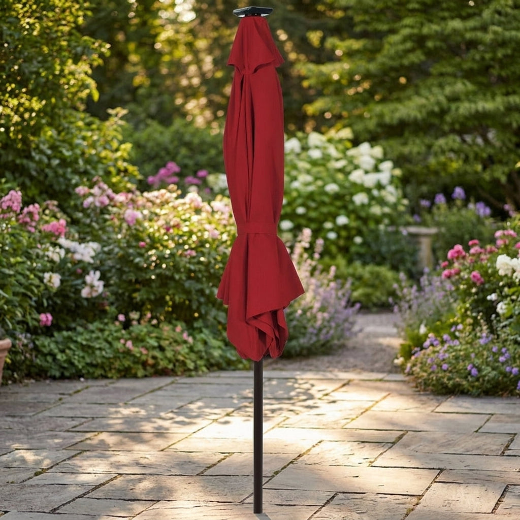 Biotree 9 ft Solar LED Market Patio Umbrella with Crank and Tilt, 6 Sturdy Ribs, Vented Canopy - Walnut