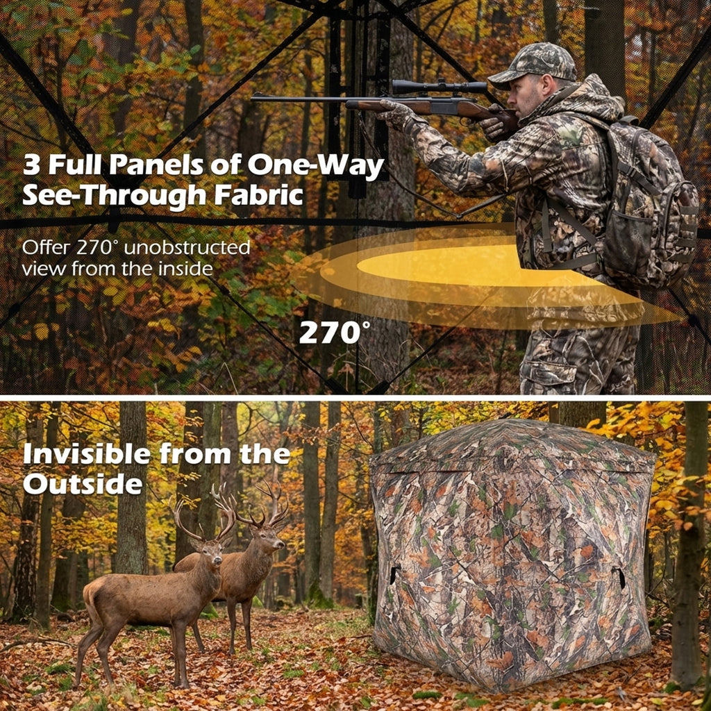 Biotree 270 Degree See Through Hunting Blind Tent with Silent Magnetic Door Pop Up Ground Blind for Deer Turkey, Camouflage