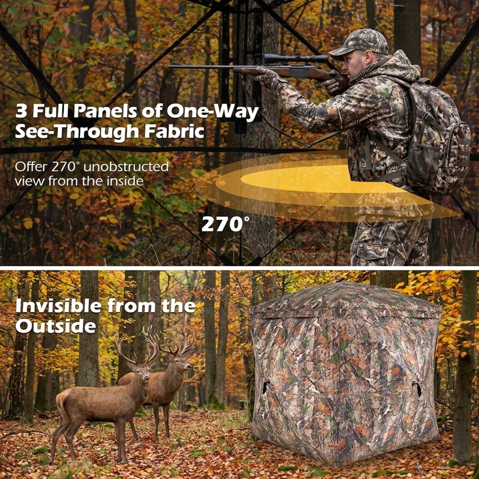 Biotree 270 Degree See Through Hunting Blind Tent with Silent Magnetic Door Pop Up Ground Blind for Deer Turkey, Camouflage