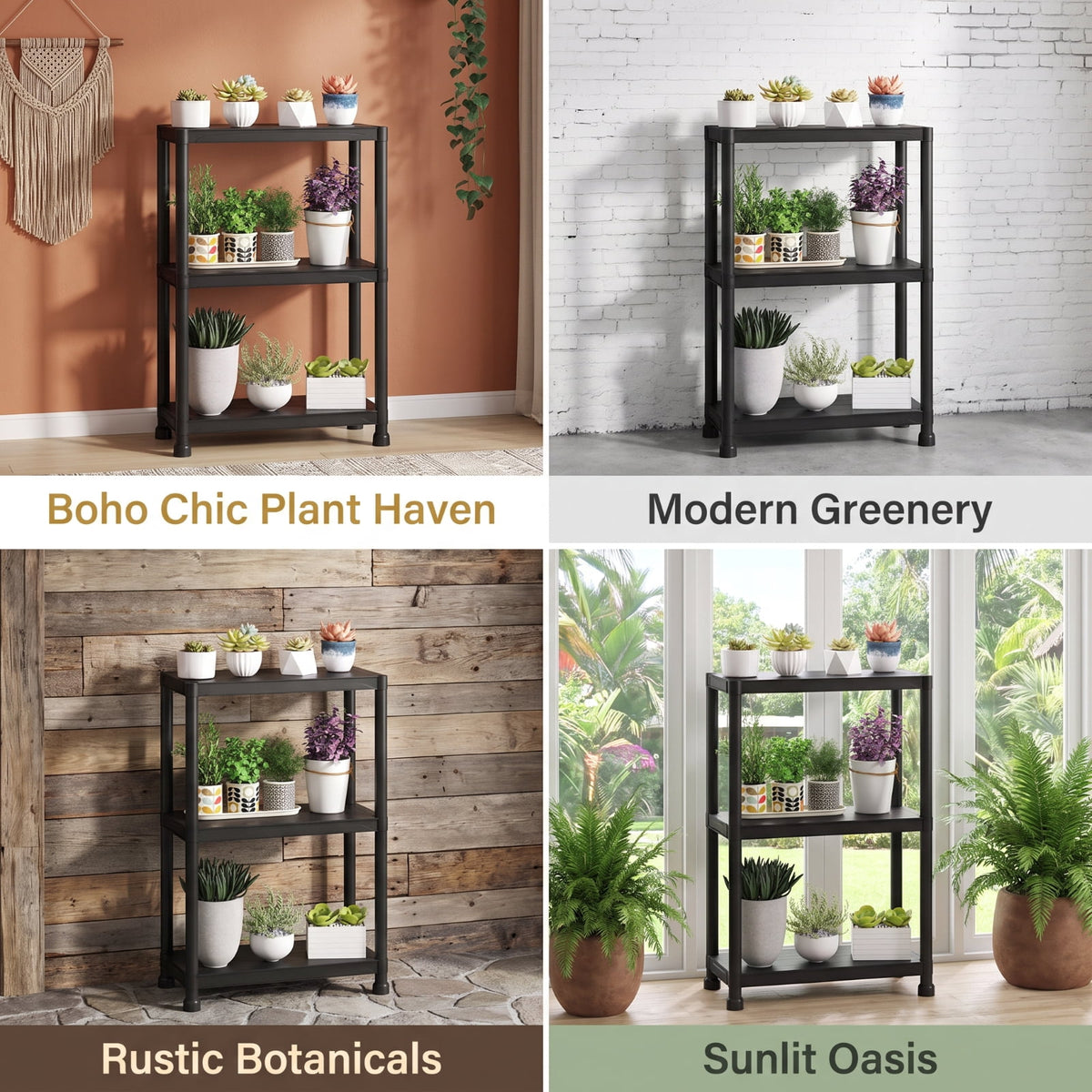 Biotree 3-Tier Plastic Storage Shelving Unit, 24 x 12.5 x 37 Inch Freestanding Heavy Duty Garage Shelf, 100 Lbs per Shelf, Black
