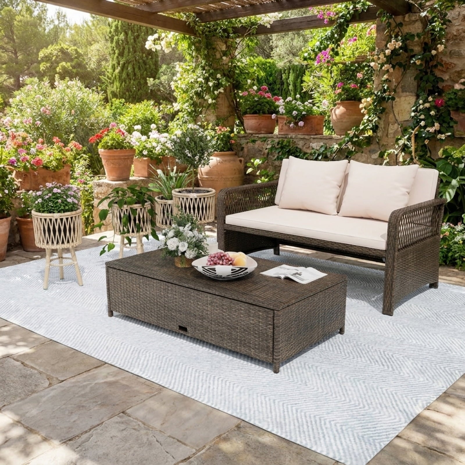 Biotree Patio Adjustable Wicker Daybed with 4-Level Backrest and Soft Cushions Outdoor Conversation Set for Garden Backyard PorchBeige