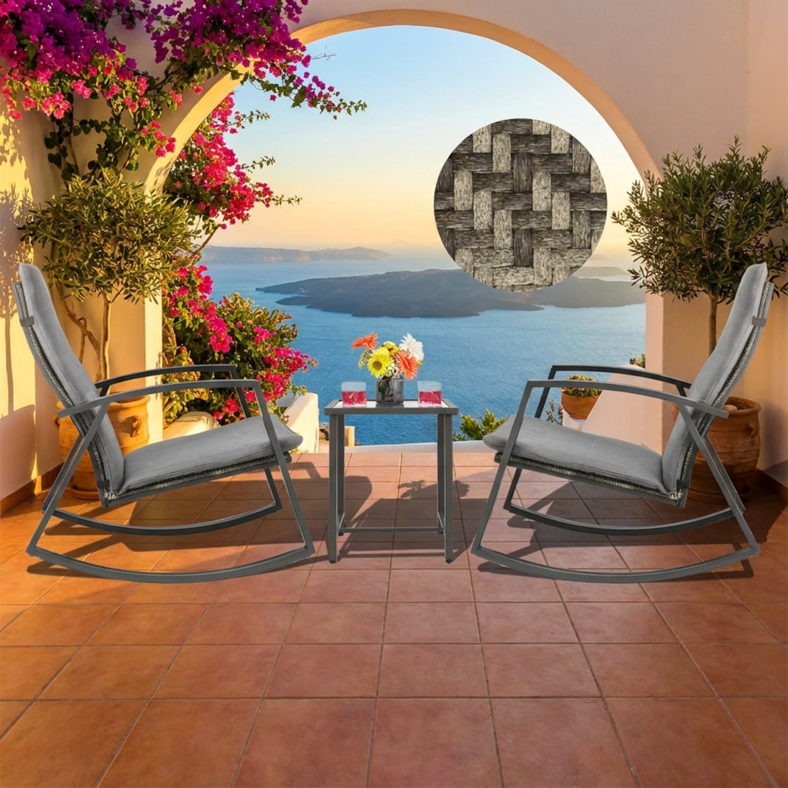 Biotree 3 Pieces Patio Rattan Rocking Furniture Set Outdoor Conversation Set for Garden Backyard PorchGray