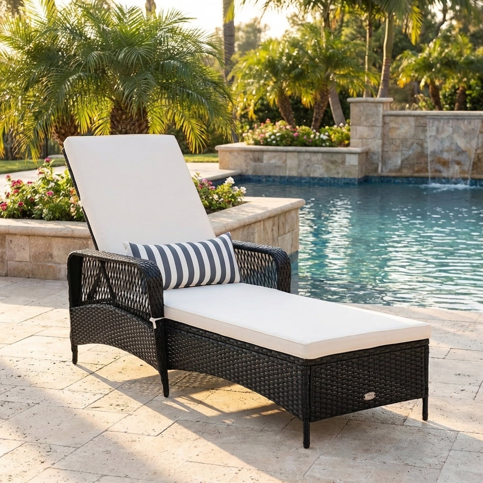 Biotree PE Rattan Chaise Lounge Chair with Adjustable Pillow-Black