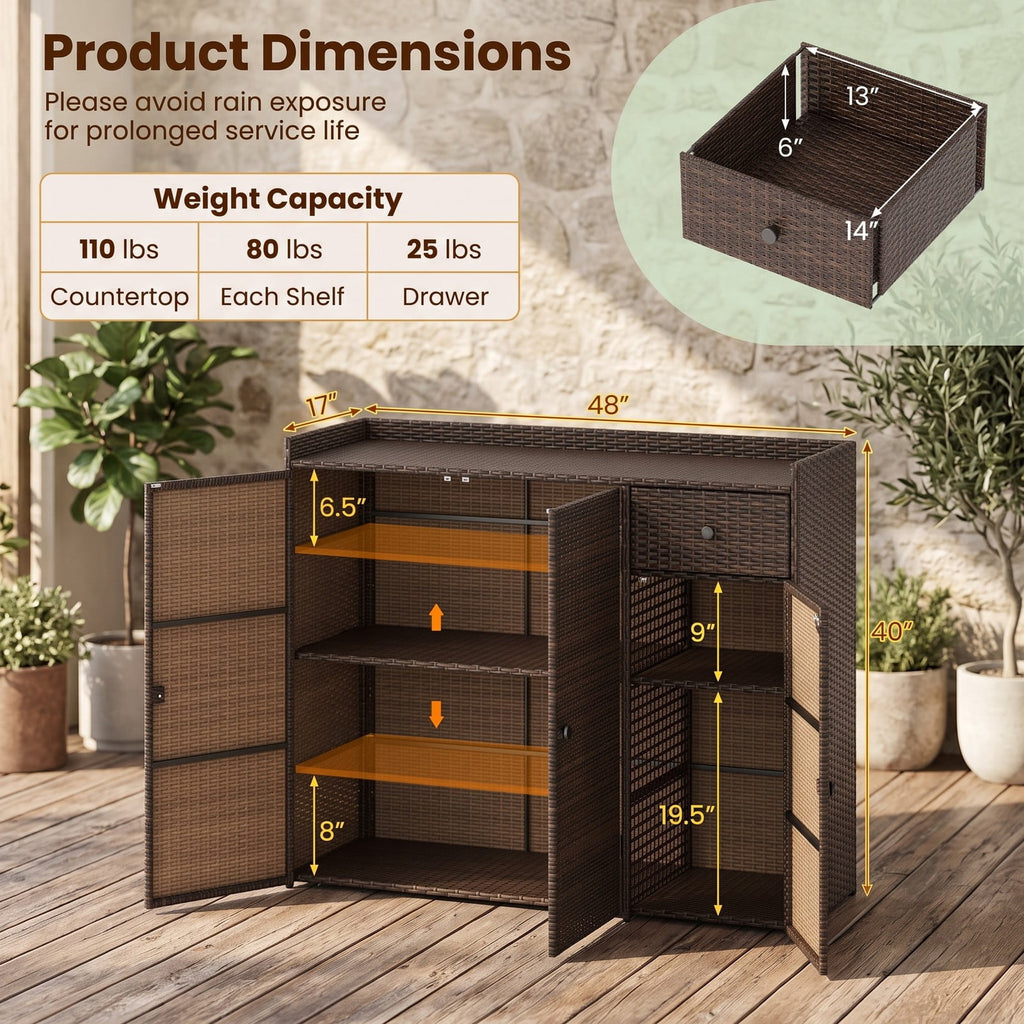 Biotree Outdoor PE Wicker Storage Cabinet with 3 Doors, Weatherproof Rattan Deck Box with Countertop, Adjustable Shelves Drawer for Patio Garden Deck, Brown