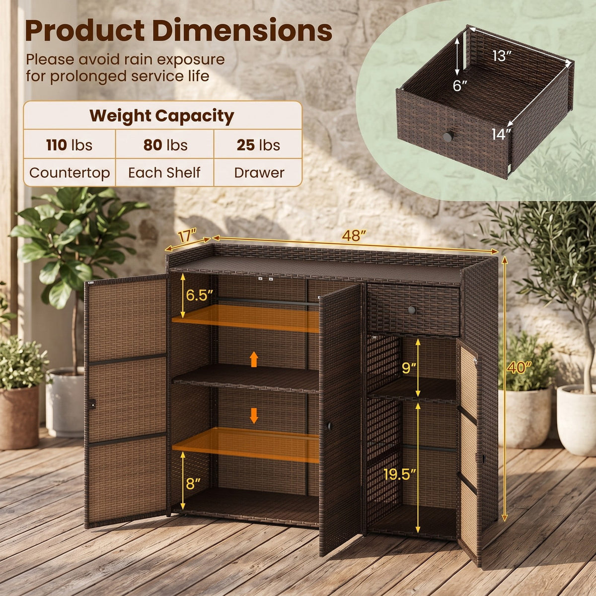Biotree Outdoor PE Wicker Storage Cabinet with 3 Doors, Weatherproof Rattan Deck Box with Countertop, Adjustable Shelves Drawer for Patio Garden Deck, Brown
