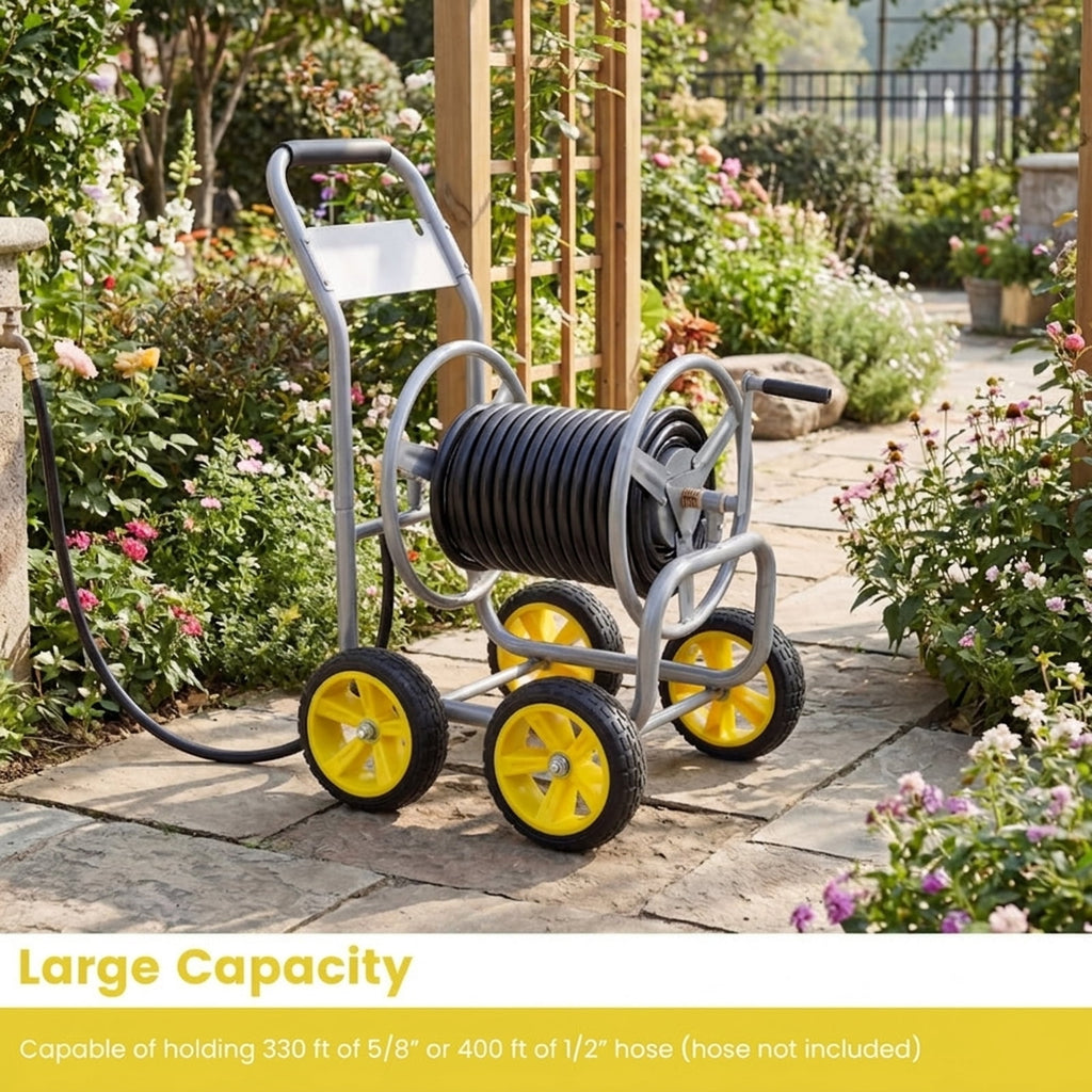 Biotree Garden Hose Reel Cart 4 Wheels Heavy-Duty Metal Water Hose Organizer Portable for Garden Yard Lawn Watering Outdoor, Silver