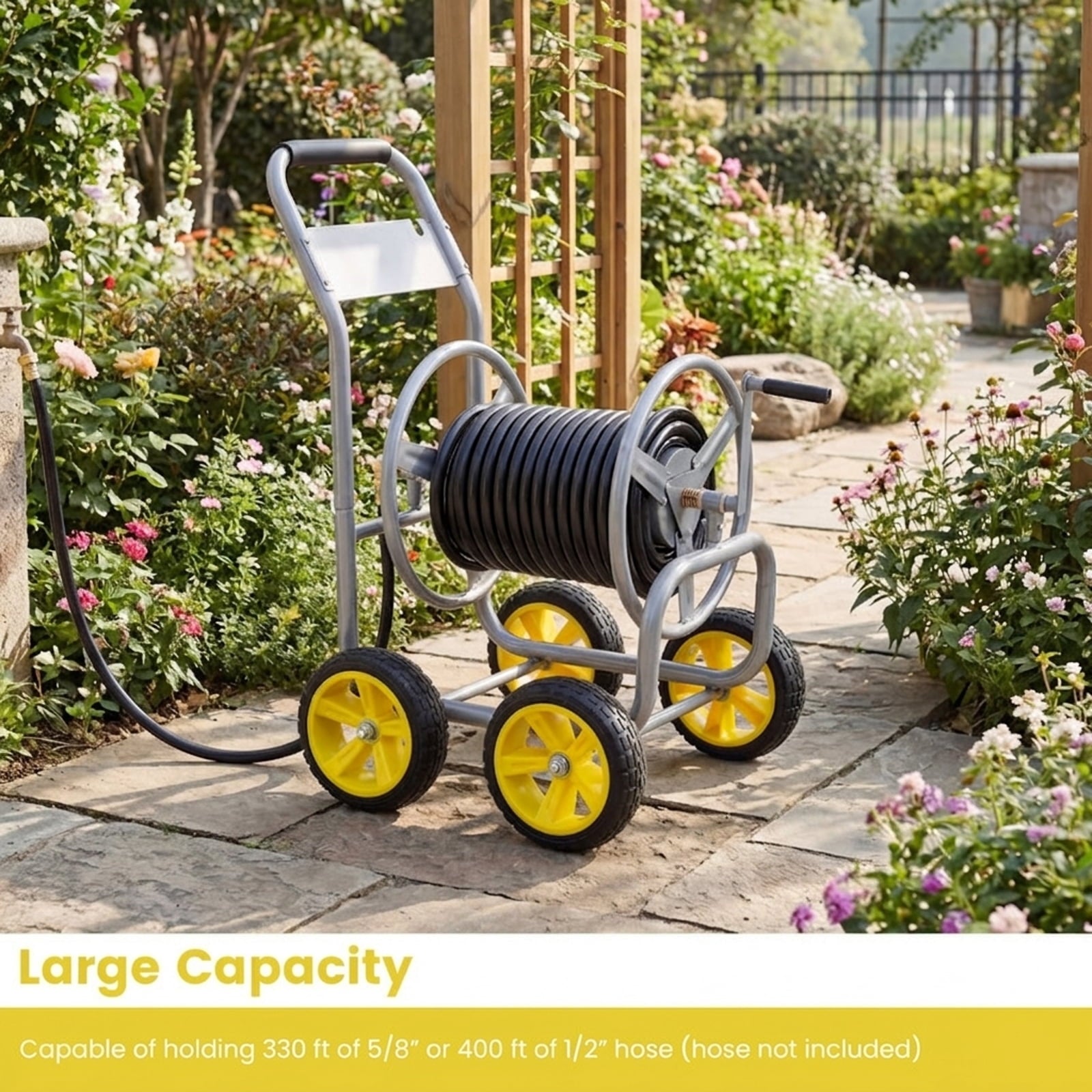 Biotree Garden Hose Reel Cart 4 Wheels Heavy-Duty Metal Water Hose Organizer Portable for Garden Yard Lawn Watering Outdoor, Silver
