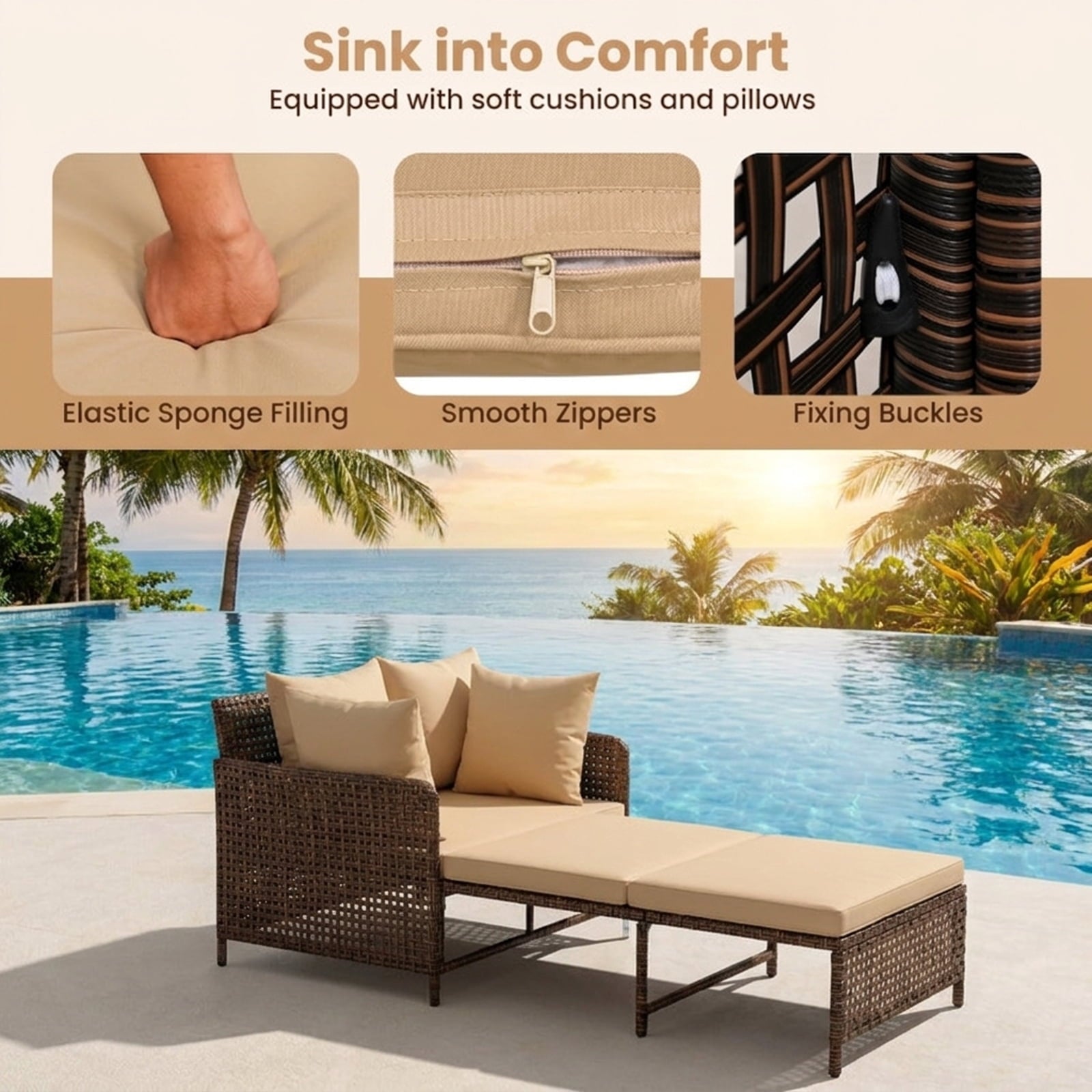 Biotree Outdoor Rattan Double Daybed Wicker Chaise Lounge Stackable Patio Chair for Garden BackyardBrown