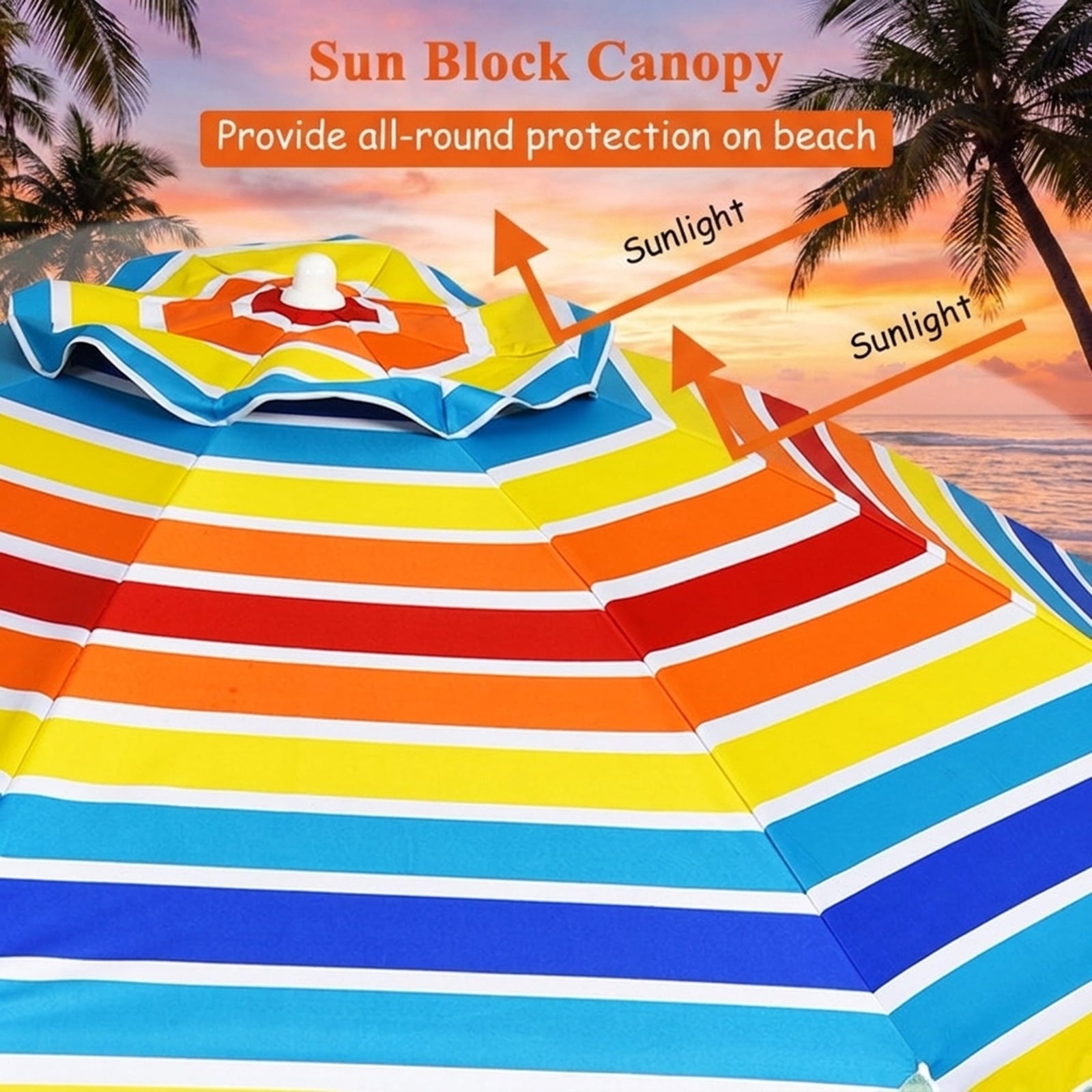 Biotree 7.2 ft Portable Beach Umbrella with Carrying Bag, 8 Ribs, Sand Tilt Mechanism - Multicolor for Backyard