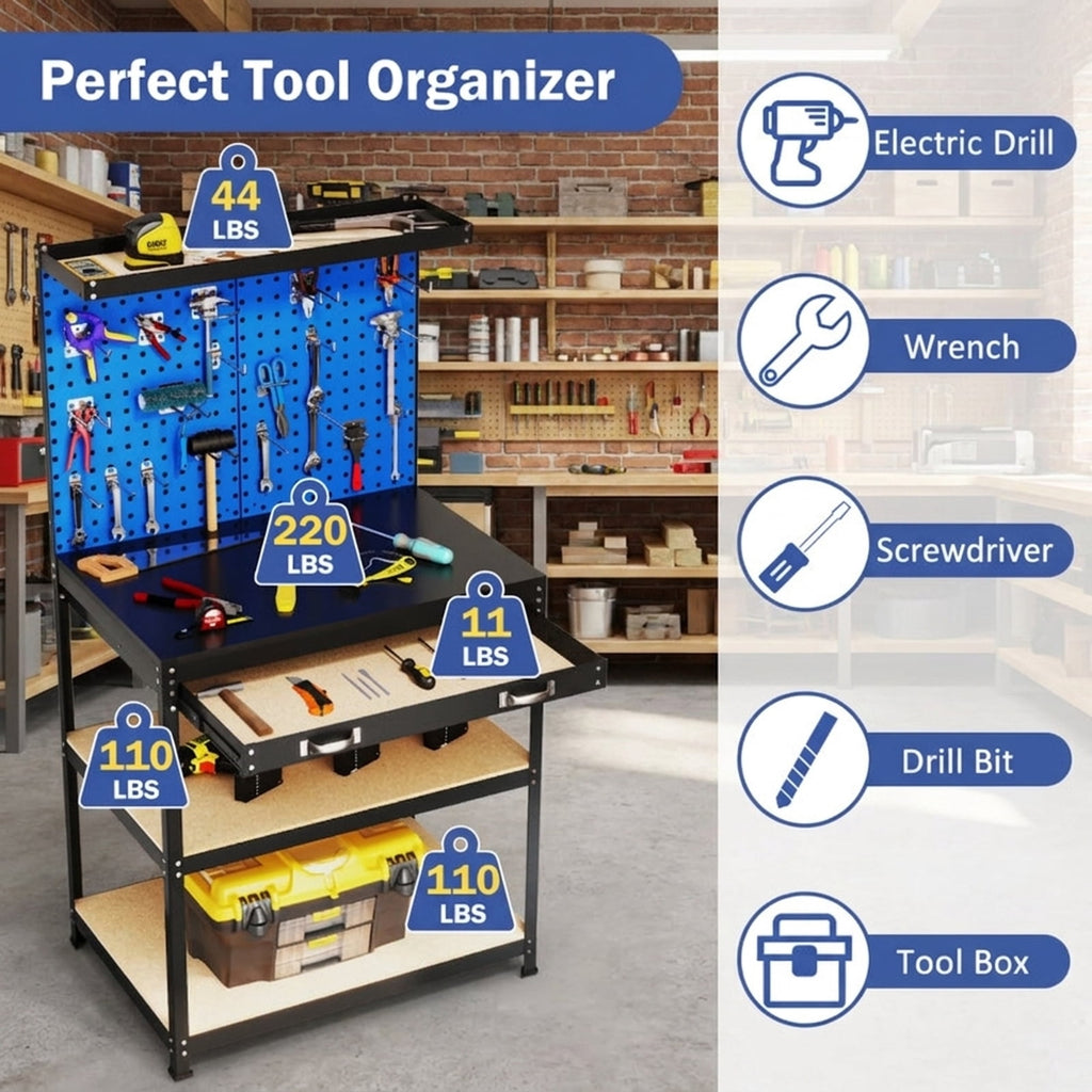 Biotree 32 x 16 Inch Workbench with Pegboard 2 Drawers and Shelves 220 lbs - Navy
