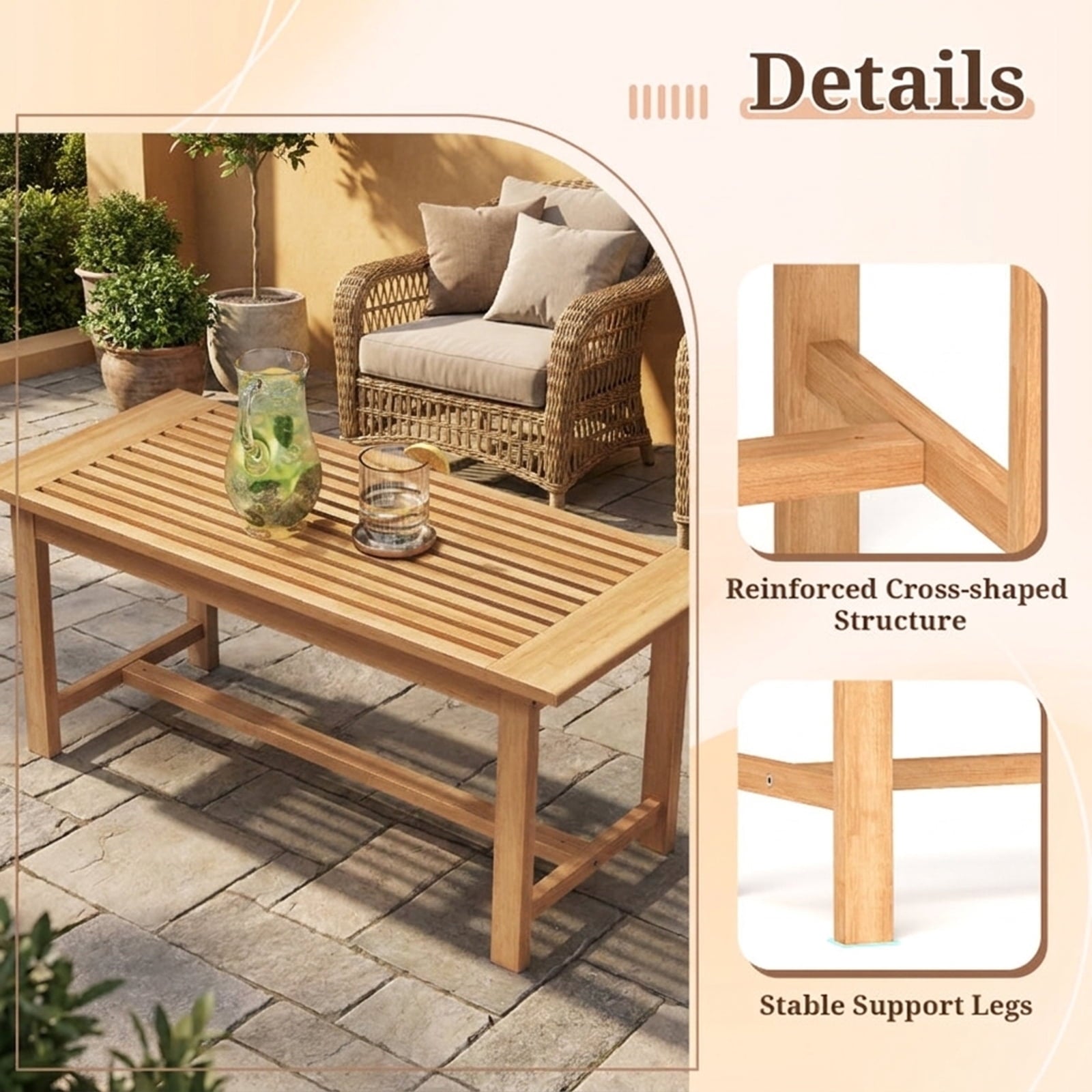 Biotree Patio Coffee Table 36 Inch Rectangular Outside Side Table with Slatted Tabletop, Natural
