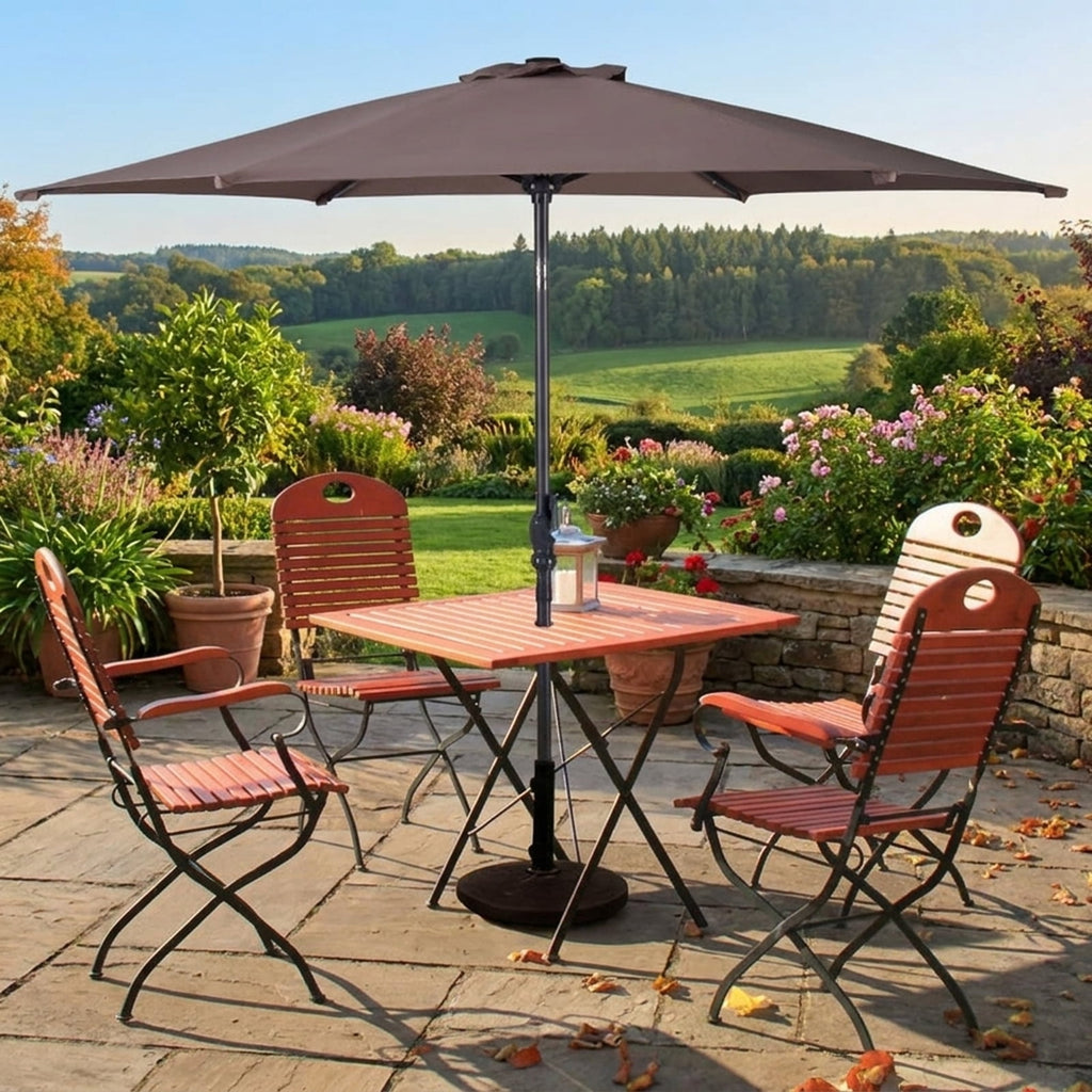 Biotree 9 ft Solar LED Market Patio Umbrella with Crank and Tilt, 6 Sturdy Ribs, Vented Canopy - Beige