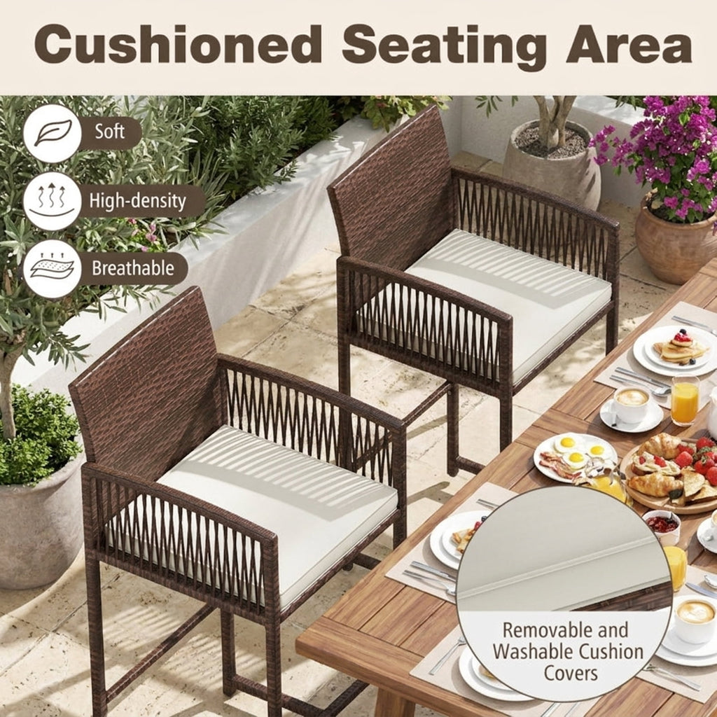 Biotree Set of 2 Outdoor PE Rattan Bar Stools with Cushioned Seats, Brown/White - Outdoor Patio Bar Height Chair with Footrest