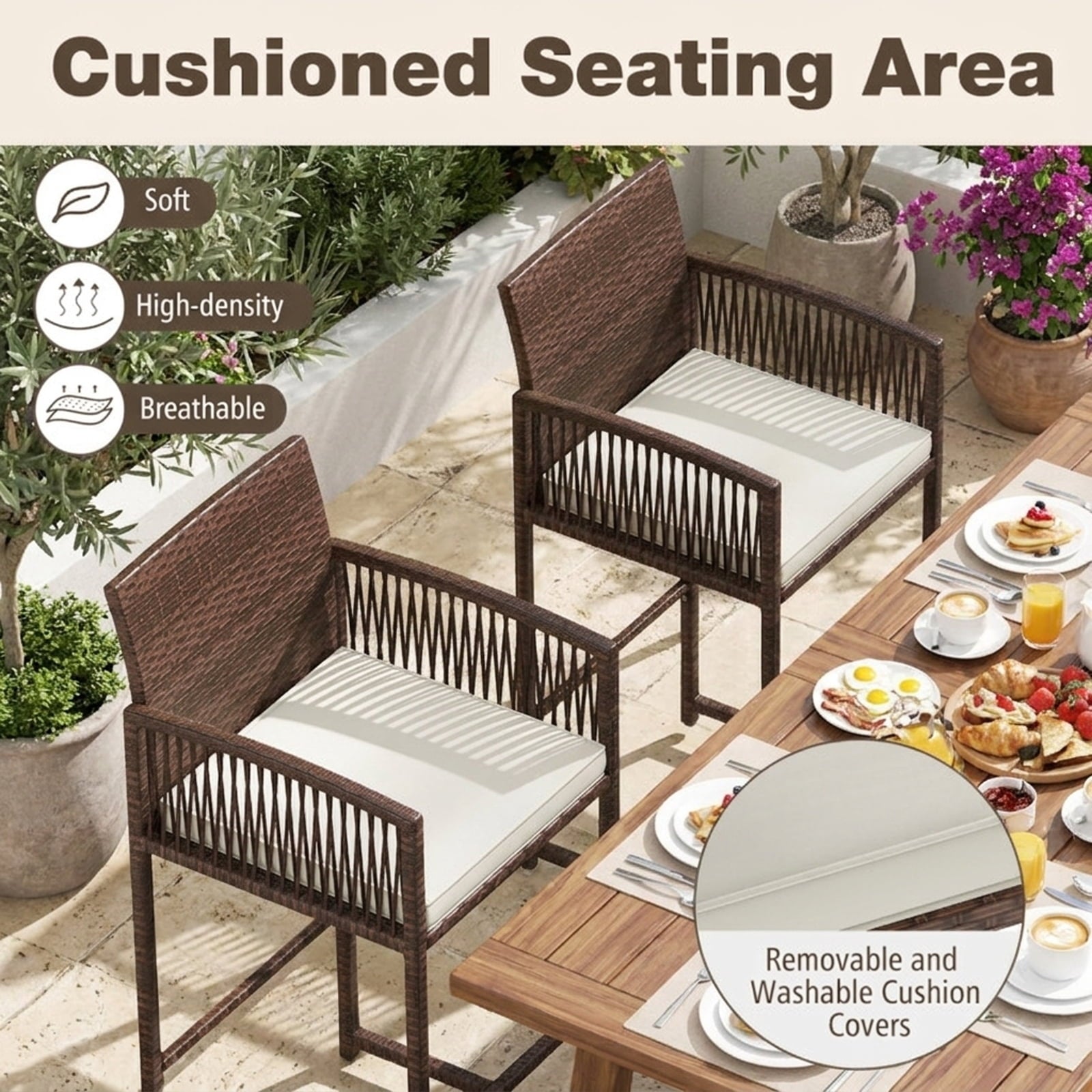 Biotree Set of 2 Outdoor PE Rattan Bar Stools with Cushioned Seats, Brown/White - Outdoor Patio Bar Height Chair with Footrest