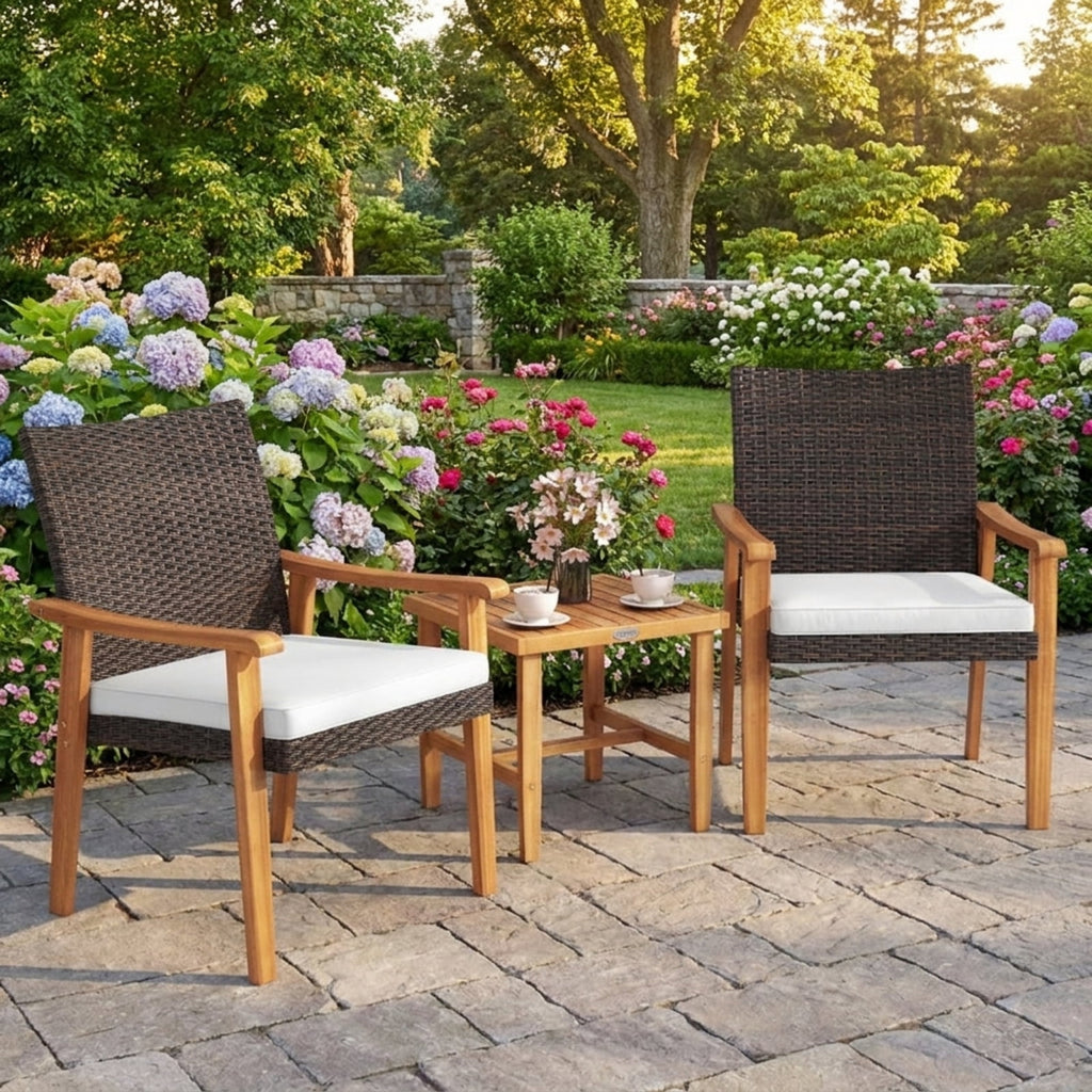 Biotree 3 Pieces Patio PE Wicker Furniture Set Acacia Wood Outdoor Conversation Bistro Set Outdoor Conversation Set for Garden Backyard PorchWhite