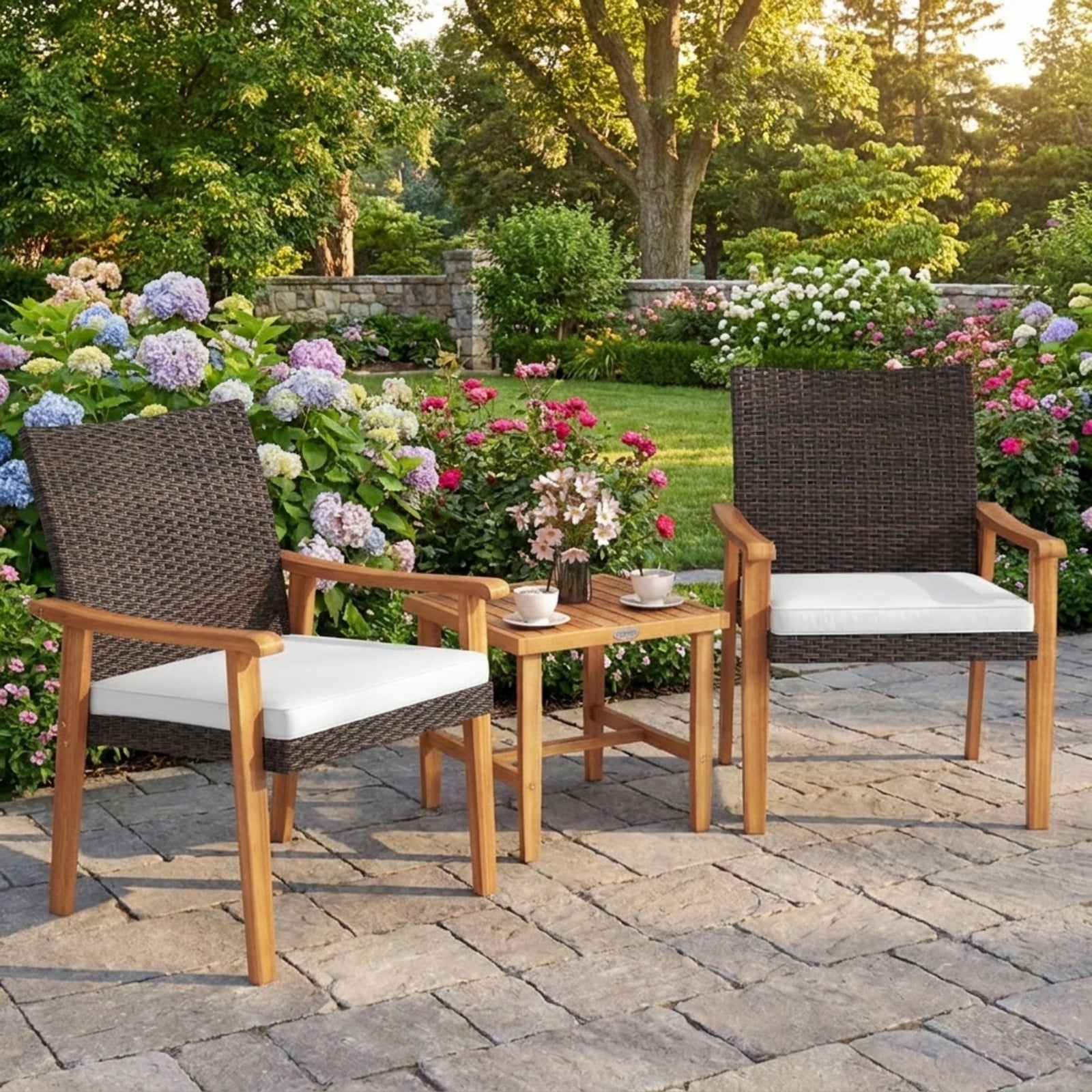 Biotree 3 Pieces Patio PE Wicker Furniture Set Acacia Wood Outdoor Conversation Bistro Set Outdoor Conversation Set for Garden Backyard PorchWhite