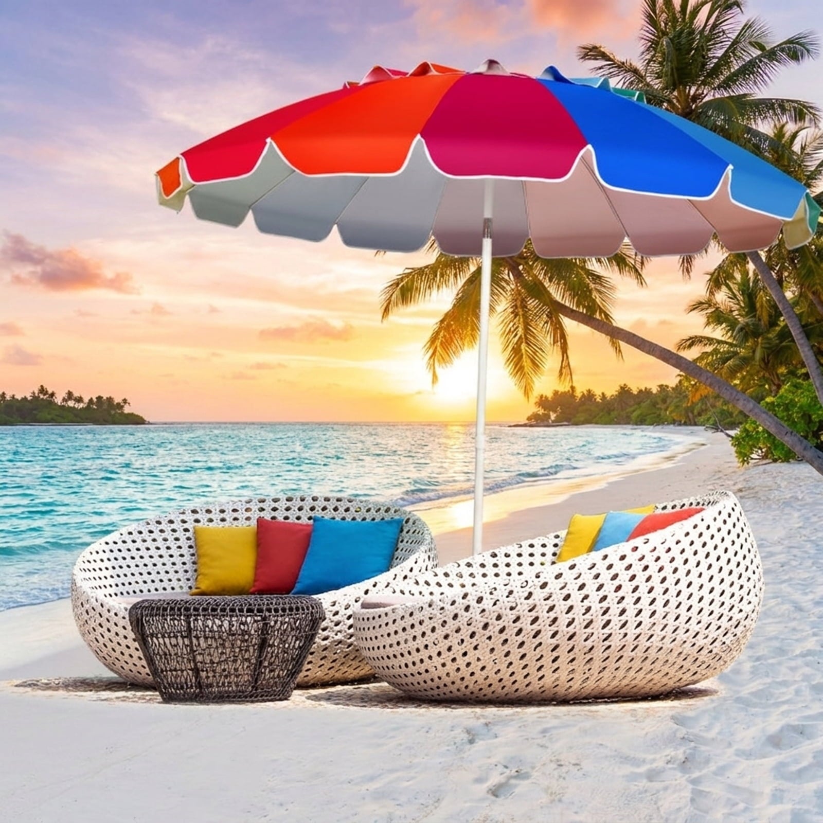 Biotree 8.0 ft Portable Beach Umbrella with Carrying Bag, 16 Ribs, Sand Tilt Mechanism - Multicolor for Backyard