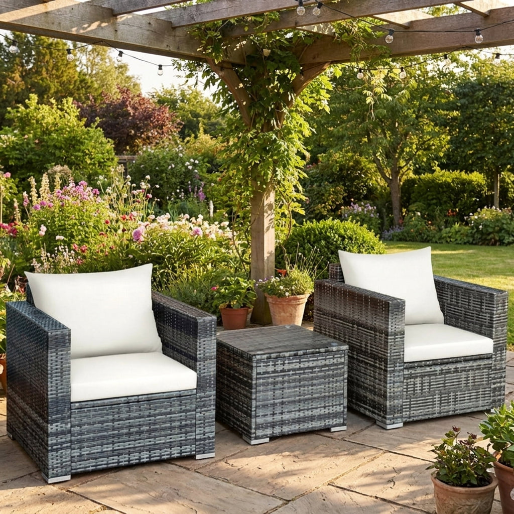 Biotree 3 Pcs Patio Rattan Furniture Bistro Sofa Set with Cushioned Outdoor Conversation Set for Garden Backyard PorchWhite