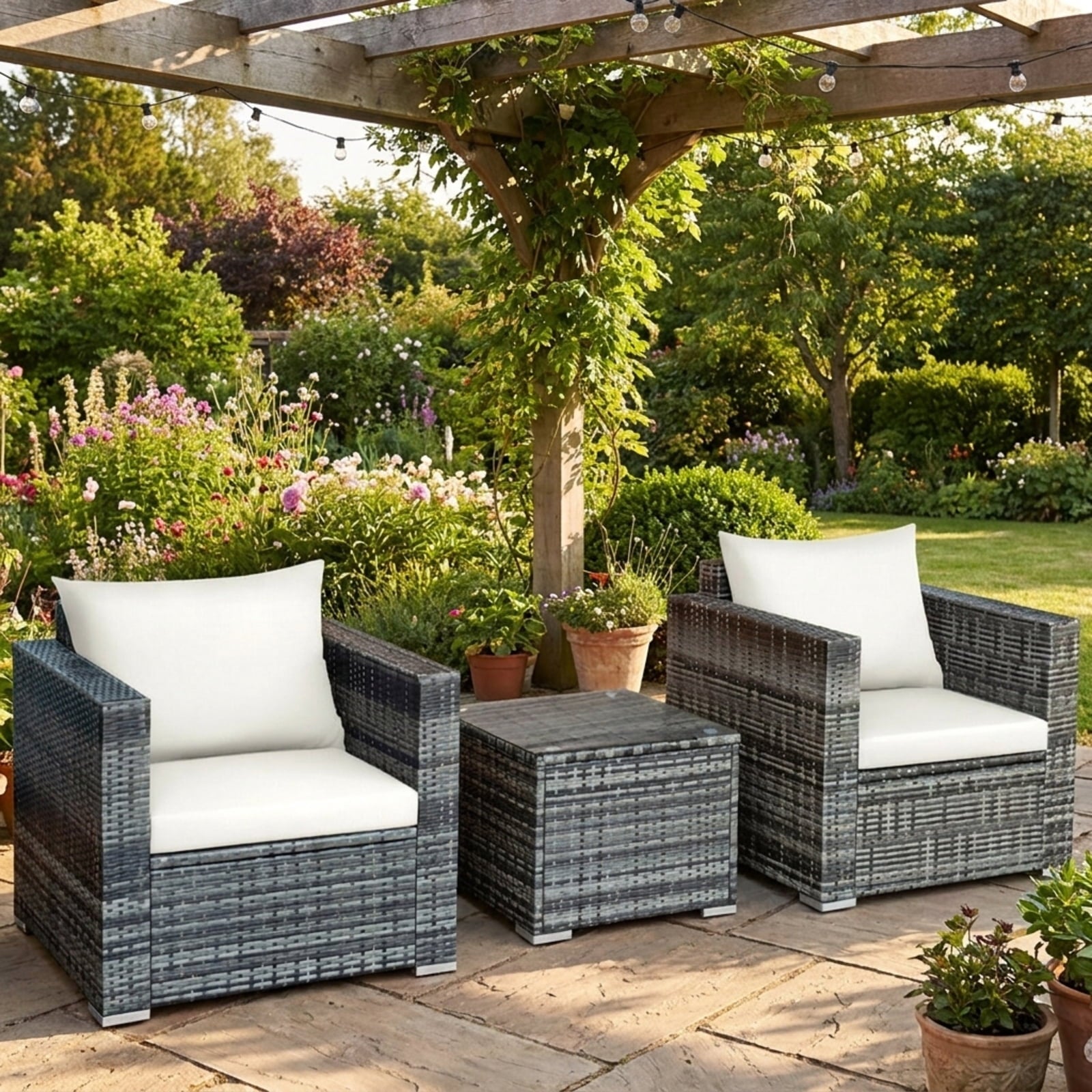 Biotree 3 Pcs Patio Rattan Furniture Bistro Sofa Set with Cushioned Outdoor Conversation Set for Garden Backyard PorchWhite