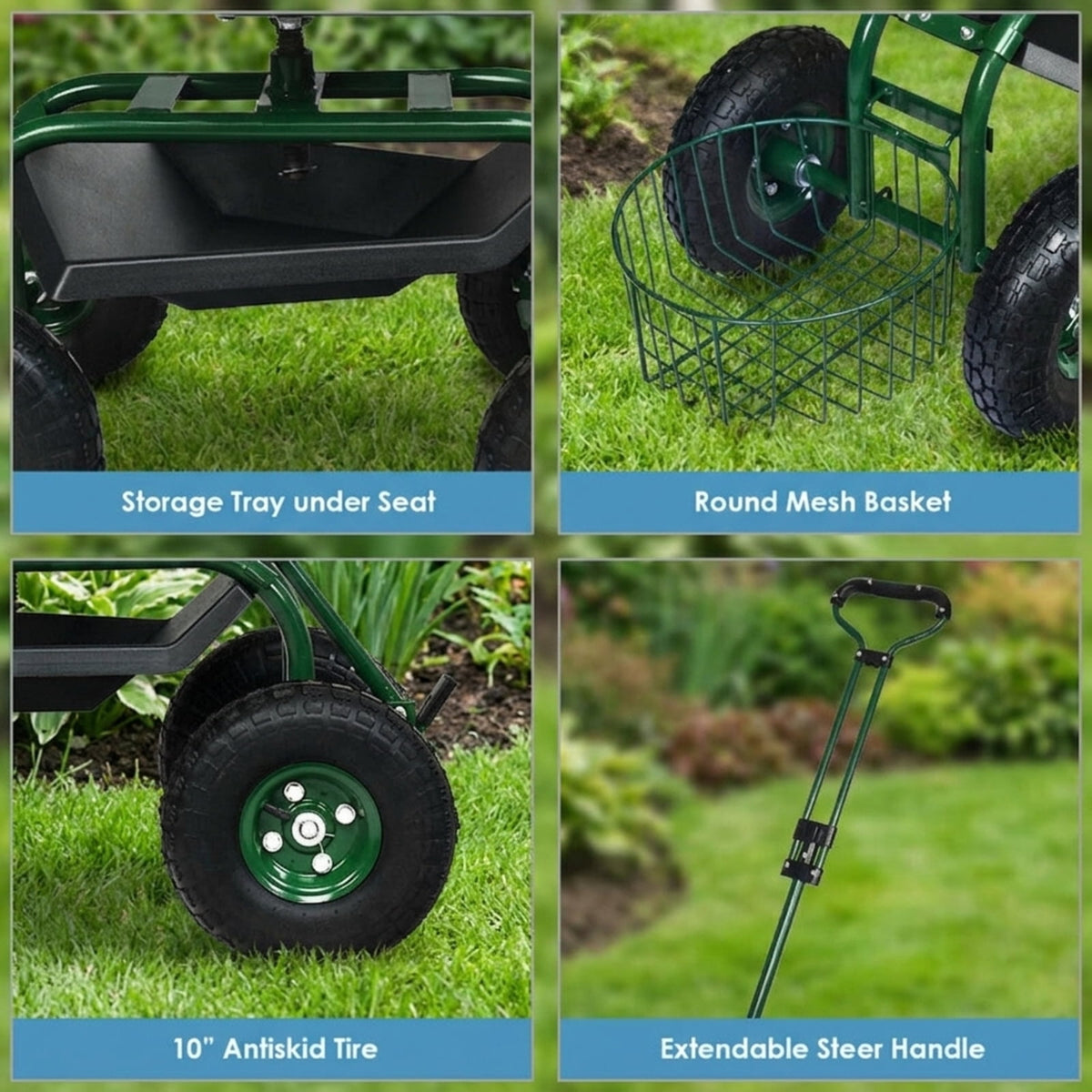 Biotree Rolling Garden Cart with 360¡ã Swivel Seat, Height Adjustable Garden Scooter, Heavy Duty Yard Cart with Tool Tray and Storage Basket for Gardening Weeding Yard Work Green
