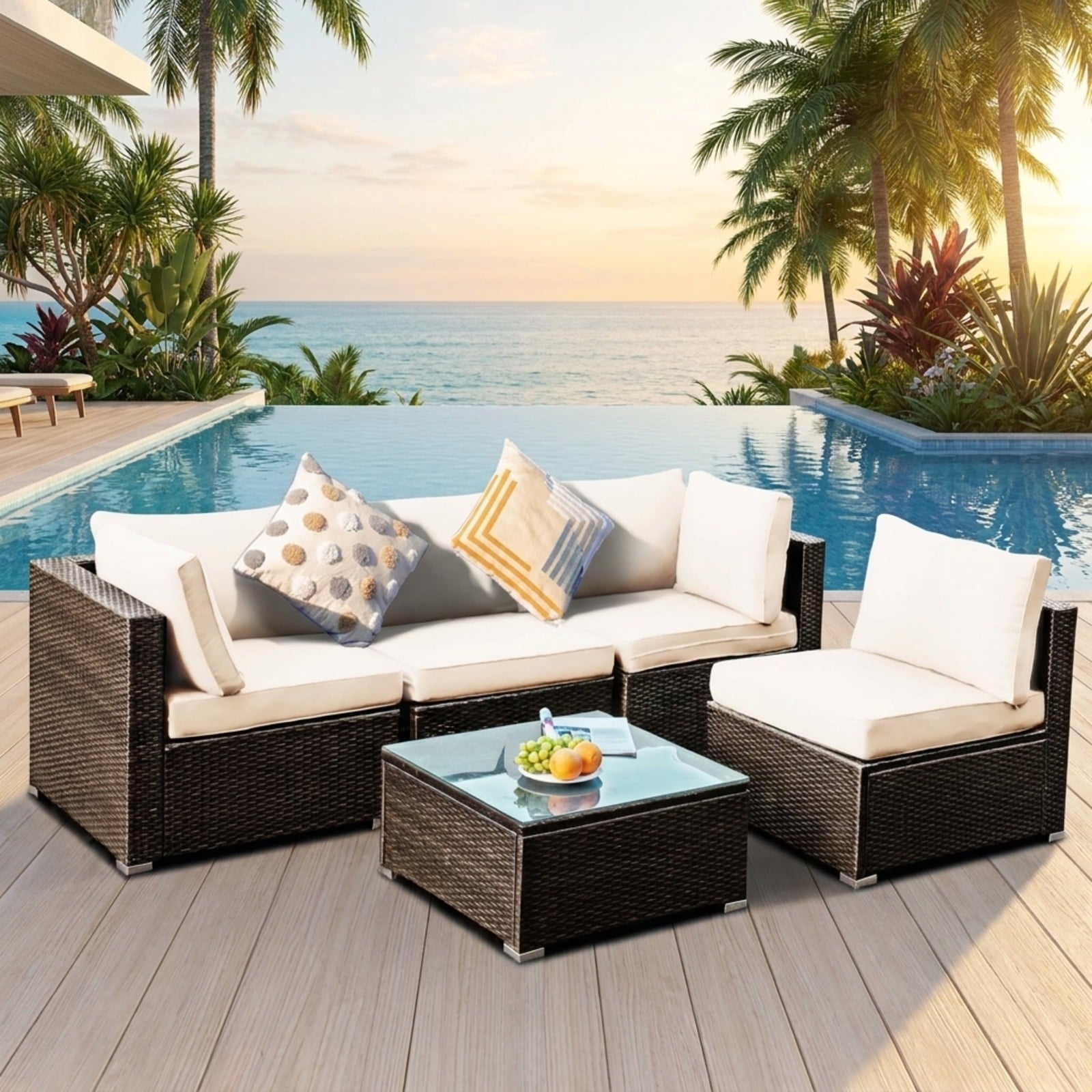 Biotree 5 Pieces Cushioned Patio Rattan Furniture Set with Glass Table Outdoor Conversation Set for Garden Backyard PorchWhite