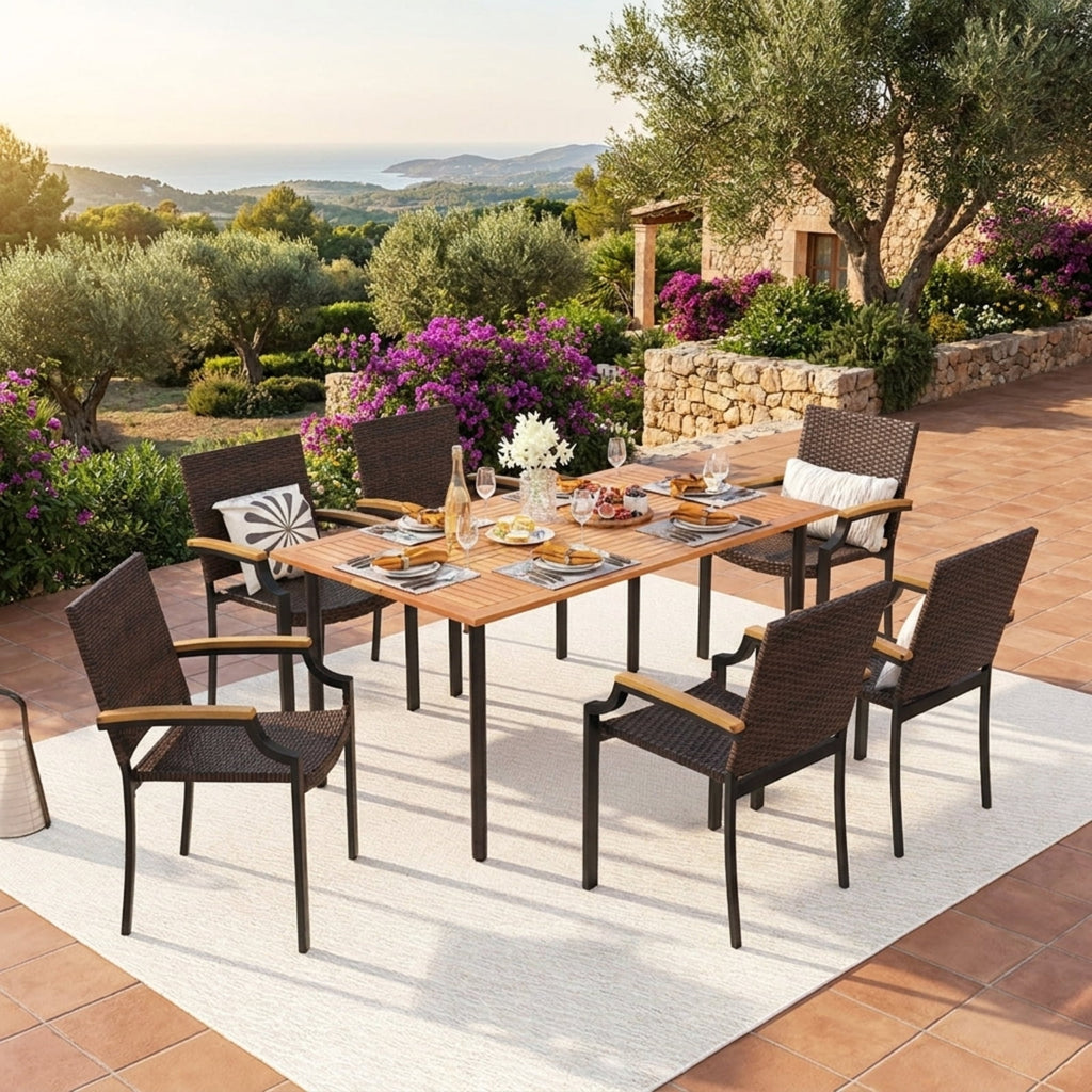 Biotree Stacking Wicker Chairs Set of 2 Patio Rattan Dining Chairs with Acacia Wood ArmrestsMix Brown