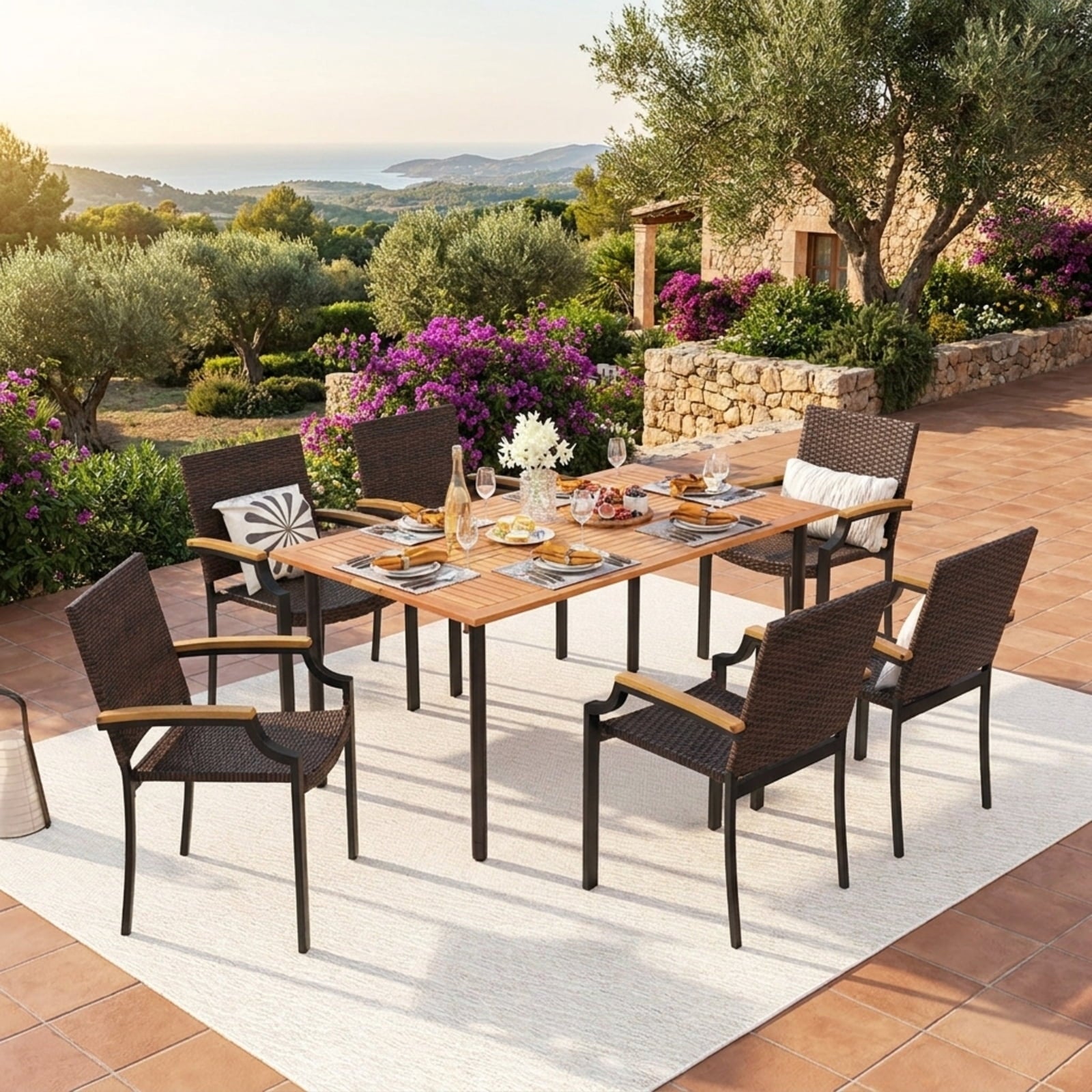 Biotree Stacking Wicker Chairs Set of 2 Patio Rattan Dining Chairs with Acacia Wood ArmrestsMix Brown