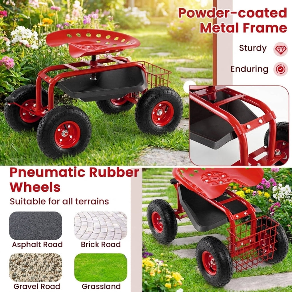 Biotree 4-Wheel Rolling Garden Cart Work Seat for Garden Yard Lawn Work Outdoor, Red