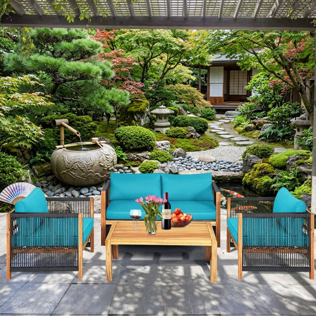 Biotree 4 Pieces Acacia Wood Outdoor Patio Furniture Set with Cushions Outdoor Conversation Set for Garden Backyard PorchTurquoise