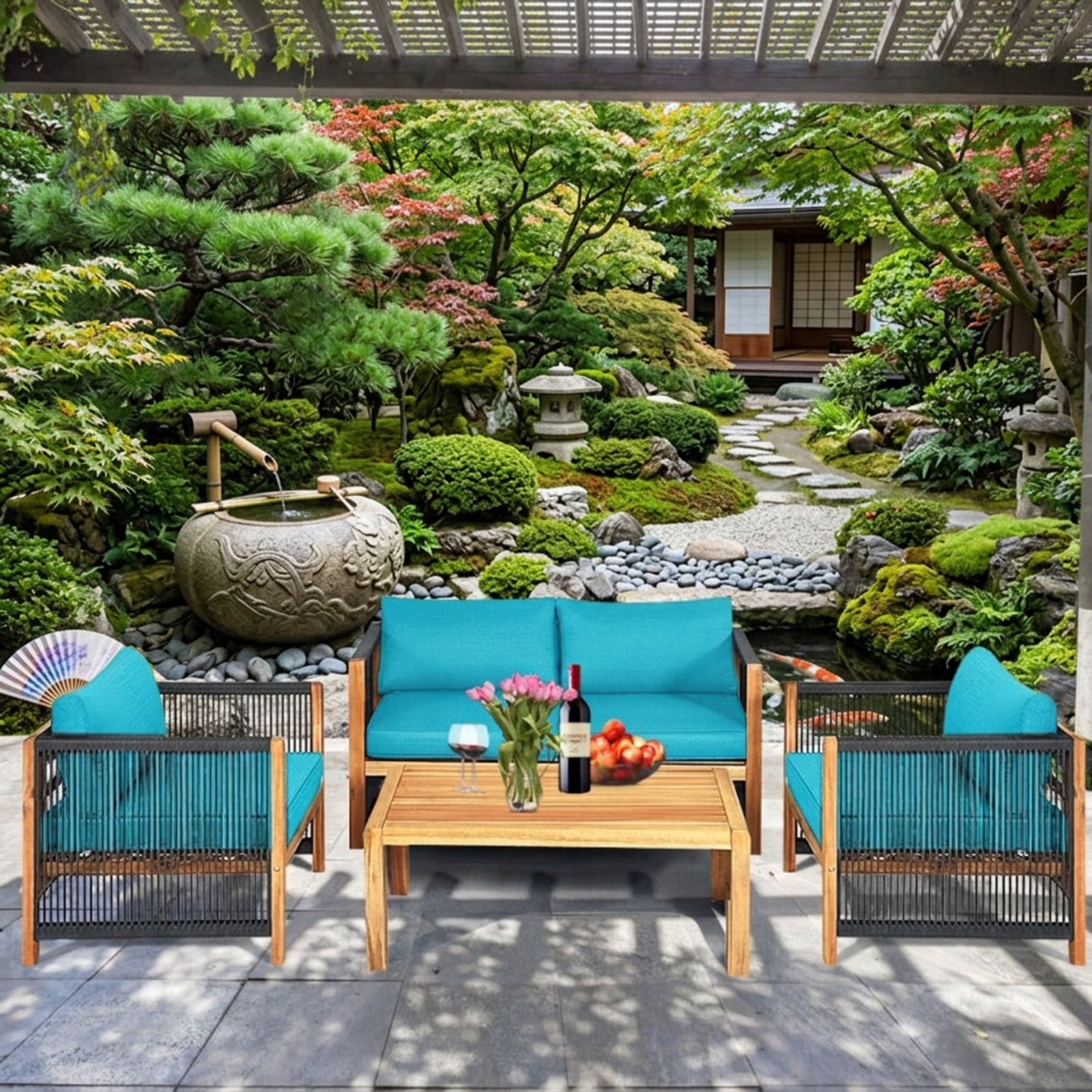 Biotree 4 Pieces Acacia Wood Outdoor Patio Furniture Set with Cushions Outdoor Conversation Set for Garden Backyard PorchTurquoise