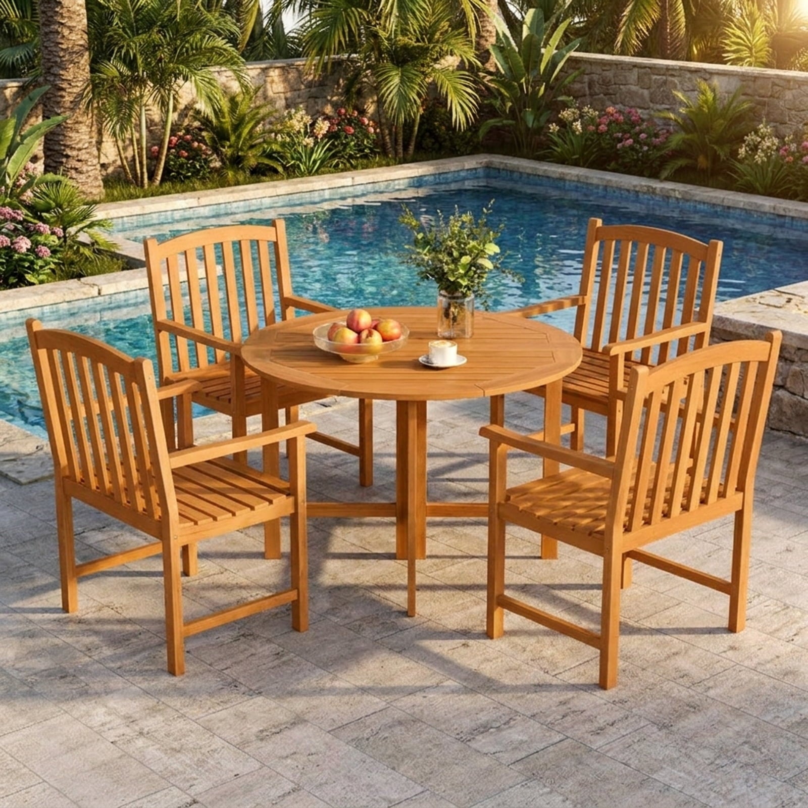 Biotree Solid Acacia Wood Patio Chairs Set of 2 with Slatted Seat and Inclined Backrest for PorchNatural