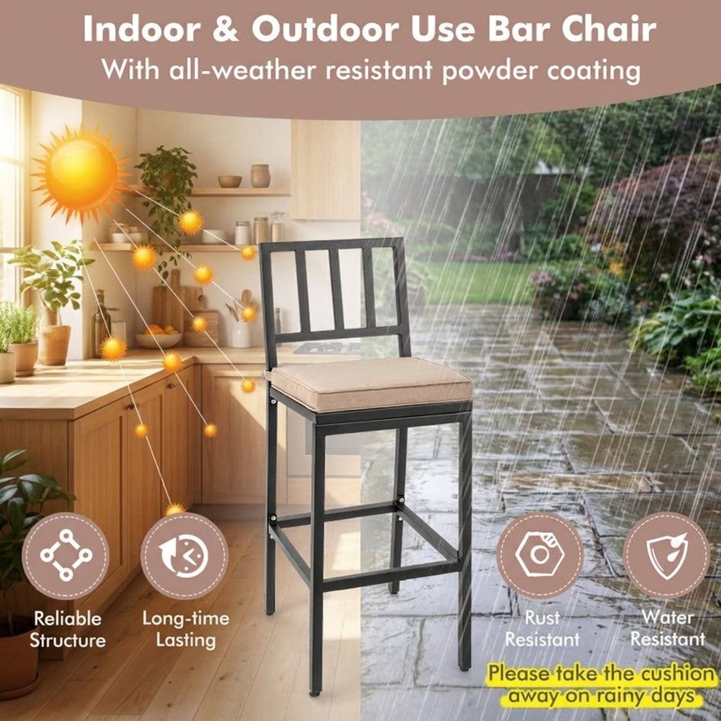 Biotree Set of 2 Patio Bar Chairs with Detachable Cushion and Footrest, Black - Outdoor Patio Bar Height Chair with Footrest