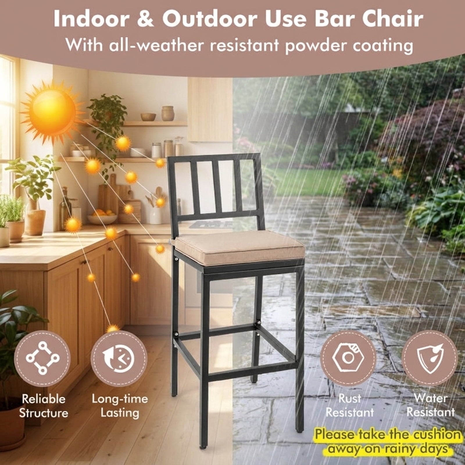 Biotree Set of 2 Patio Bar Chairs with Detachable Cushion and Footrest, Black - Outdoor Patio Bar Height Chair with Footrest