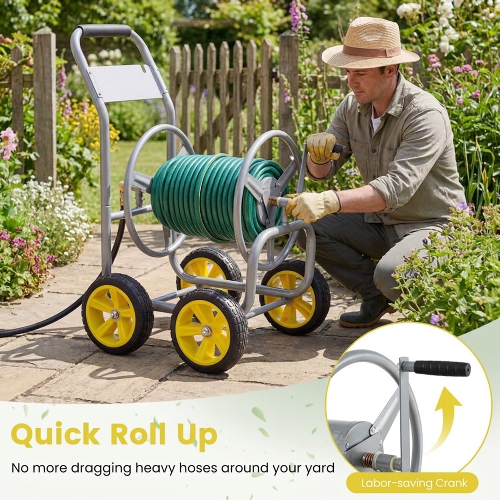Biotree Garden Hose Reel Cart 4 Wheels Heavy-Duty Metal Water Hose Organizer Portable for Garden Yard Lawn Watering Outdoor, Silver