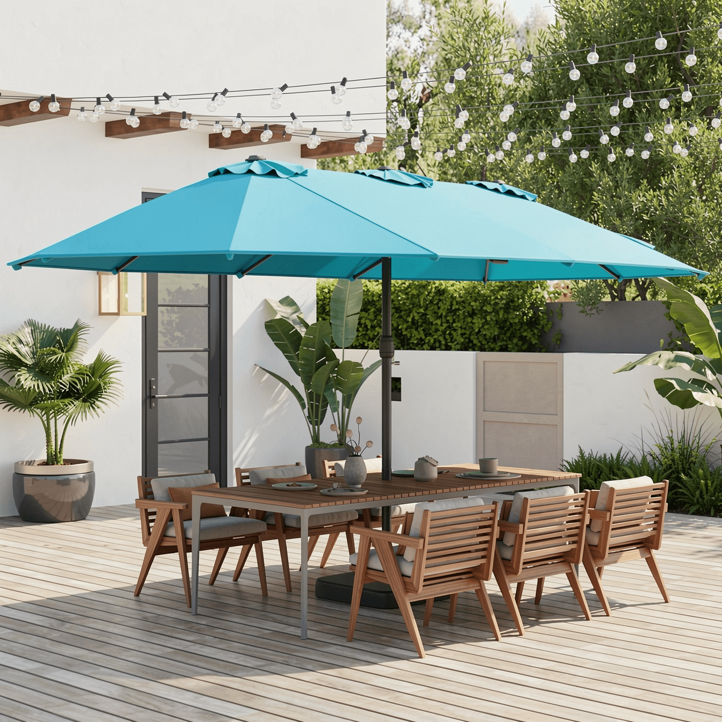 Biotree 15 Feet Double-Sided Twin Patio Umbrella with Crank and Base-Turquoise Beige Brown Blue Grey Orange Red Turquoise Black