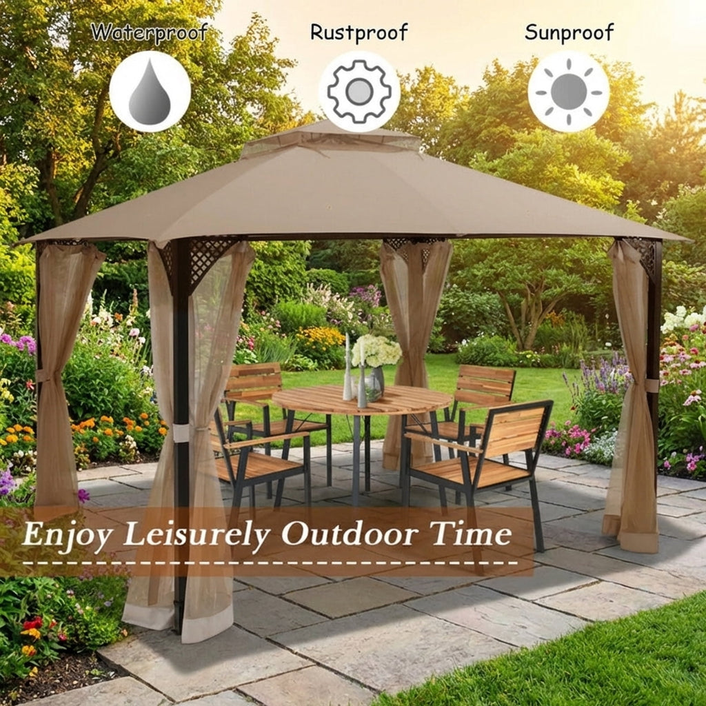 Biotree 12 x 10 Feet Outdoor Double Top Patio Gazebo with Netting Brown - Outdoor Patio Backyard Garden Shade Canopy Shelter