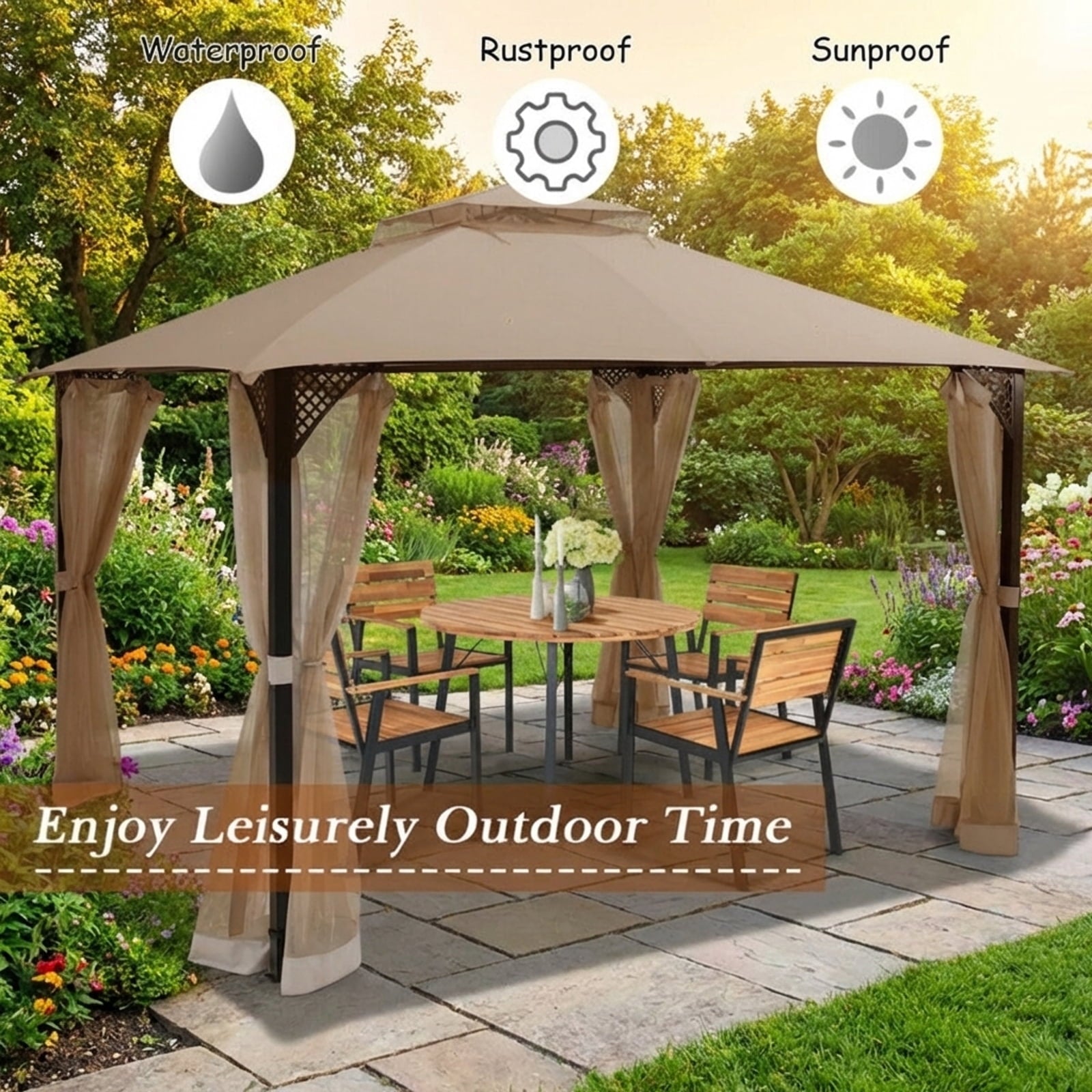Biotree 12 x 10 Feet Outdoor Double Top Patio Gazebo with Netting Brown - Outdoor Patio Backyard Garden Shade Canopy Shelter