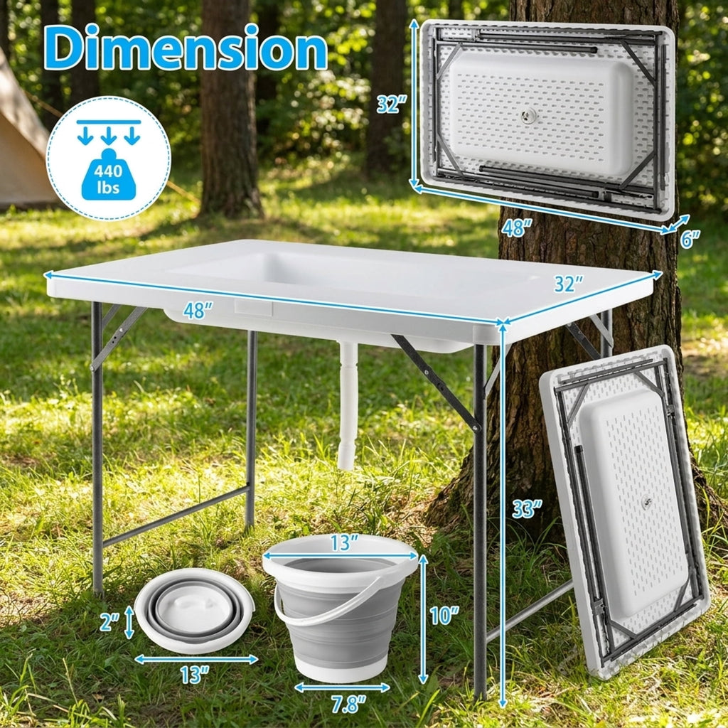 Biotree 4 Feet Folding Ice Bin Table with Skirt for Camping Picnic Wedding with Ice Bucket, White