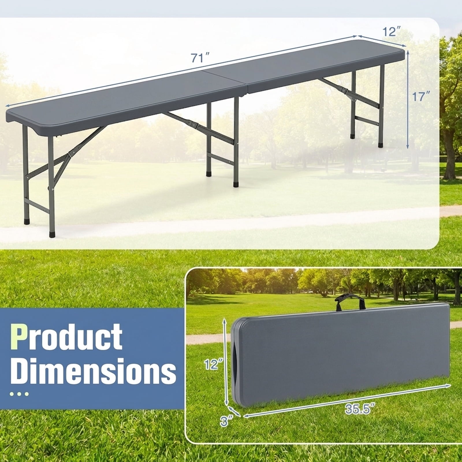 Biotree 6 Feet Plastic Folding Bench Portable Seat with Handle and Lock for Camping Picnic Party Events, Gray
