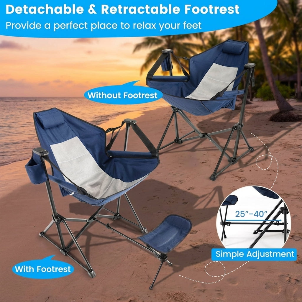 Biotree Hammock Style Camping Chair with Retractable Footrest and Adjustable Seat Angle Portable Outdoor Lounger with Carry Bag, Navy Blue