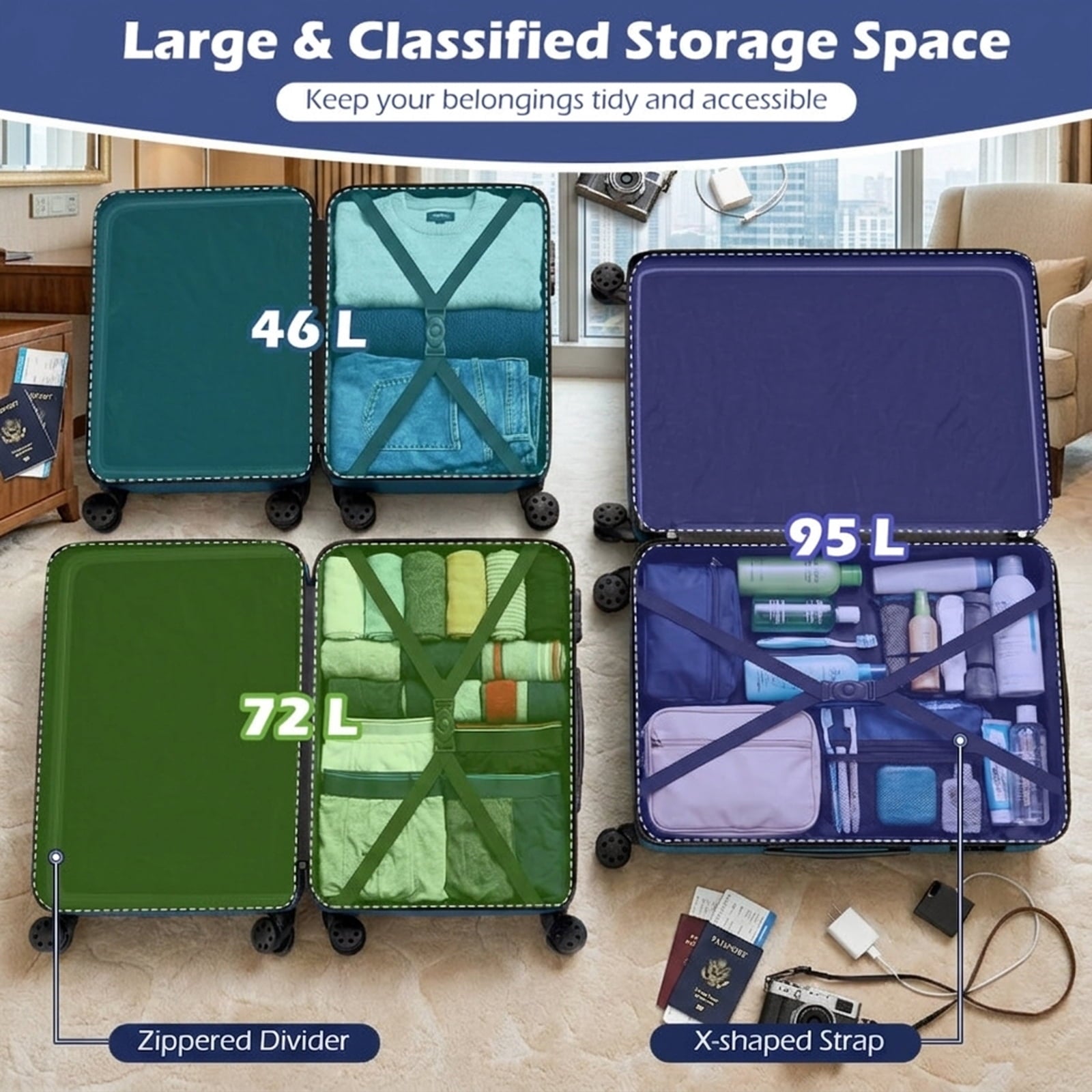 Biotree 3 Piece Hardside Luggage Set Lightweight Hardside Suitcases with 8 Spinner Wheels, Navy